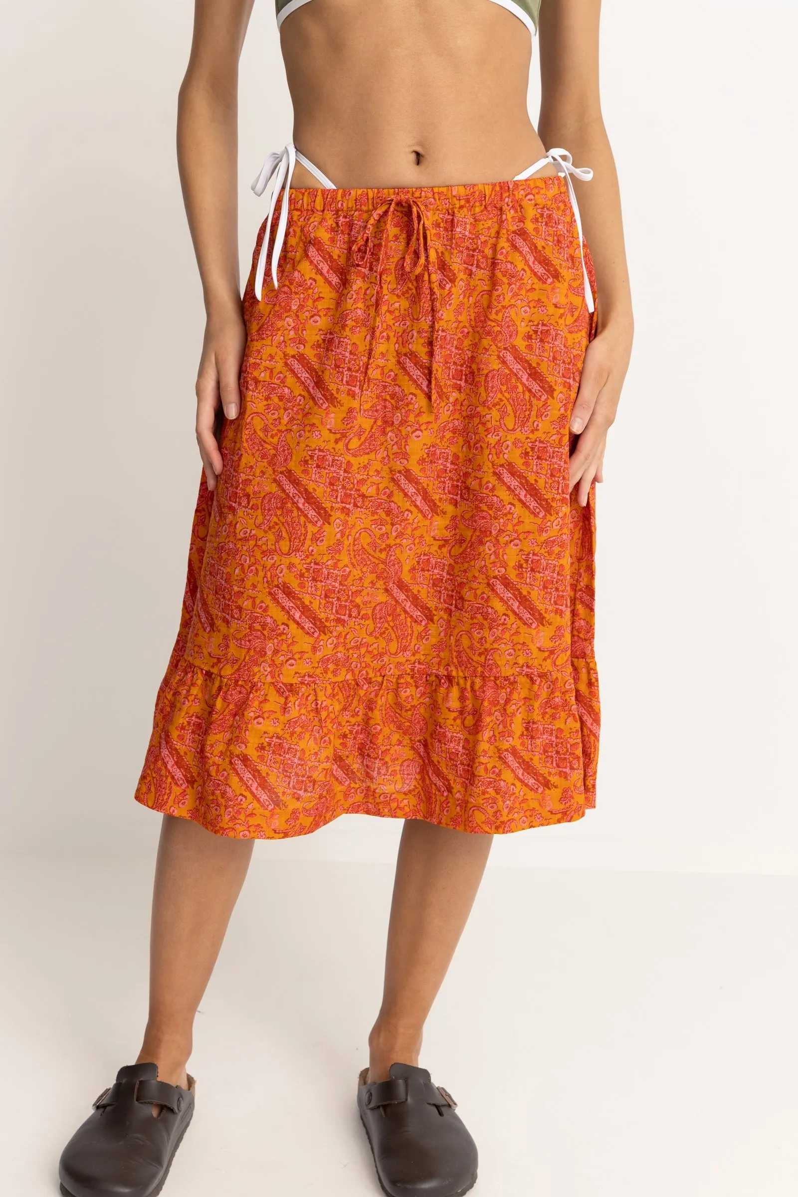 Orange Paisley Tiered Midi Skirt