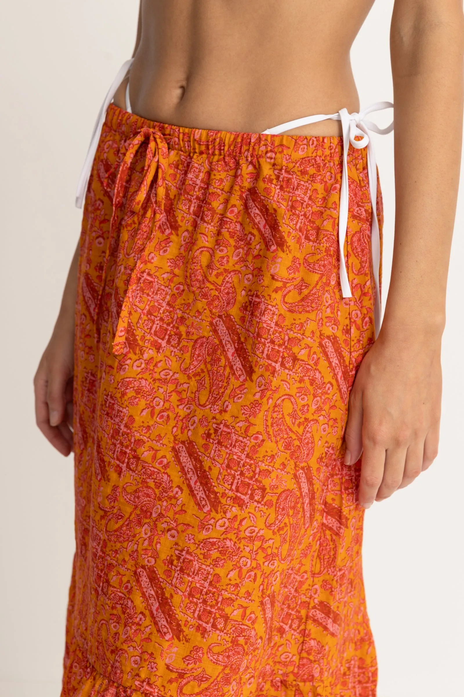 Orange Paisley Tiered Midi Skirt