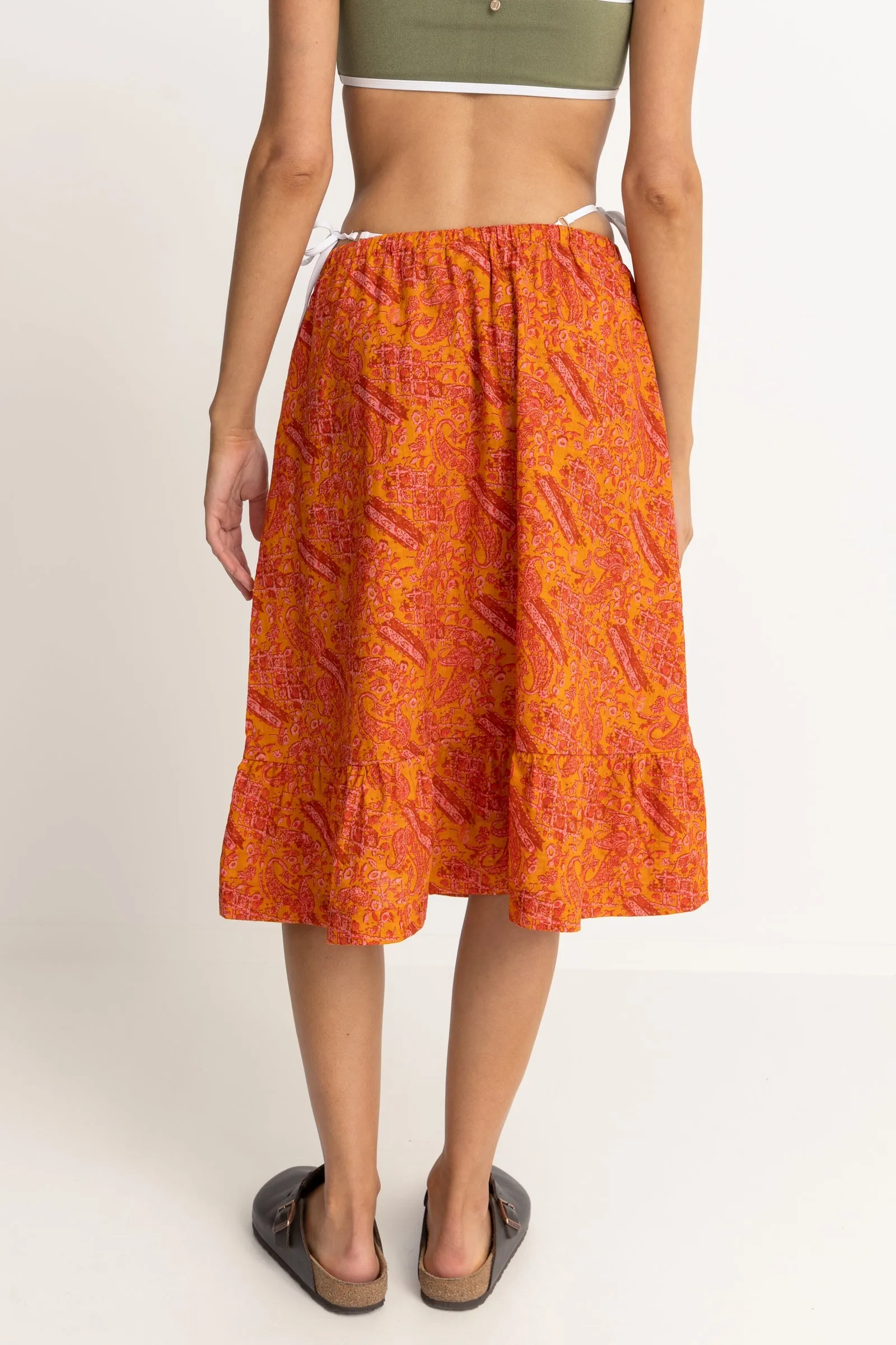 Orange Paisley Tiered Midi Skirt