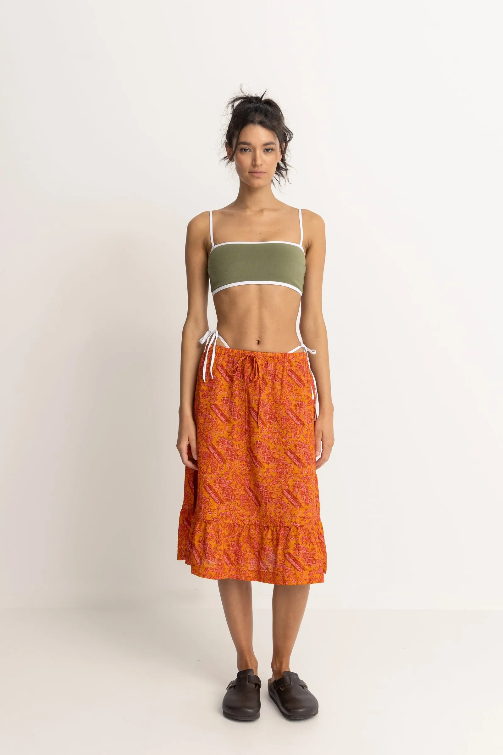 Orange Paisley Tiered Midi Skirt