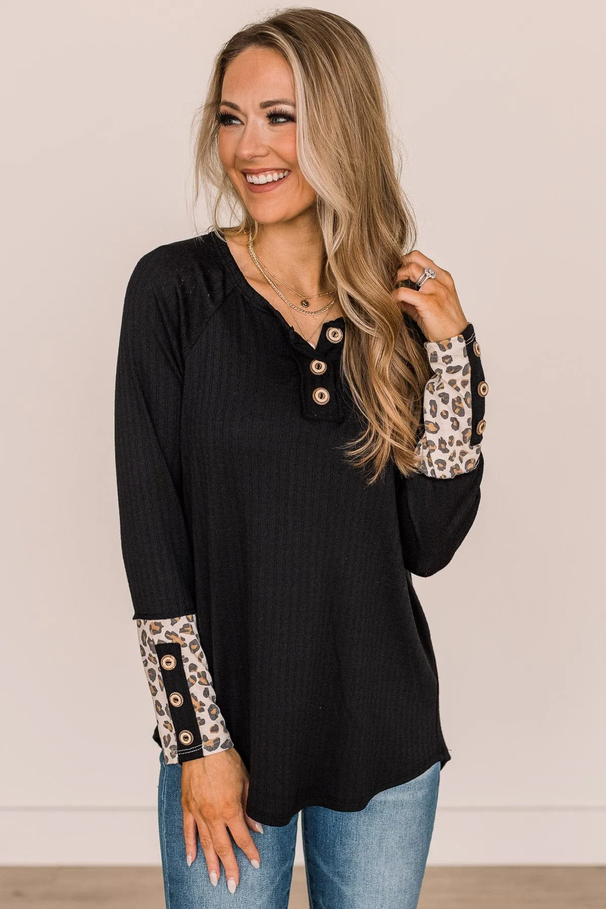 Black At My Happiest Button Knit Top