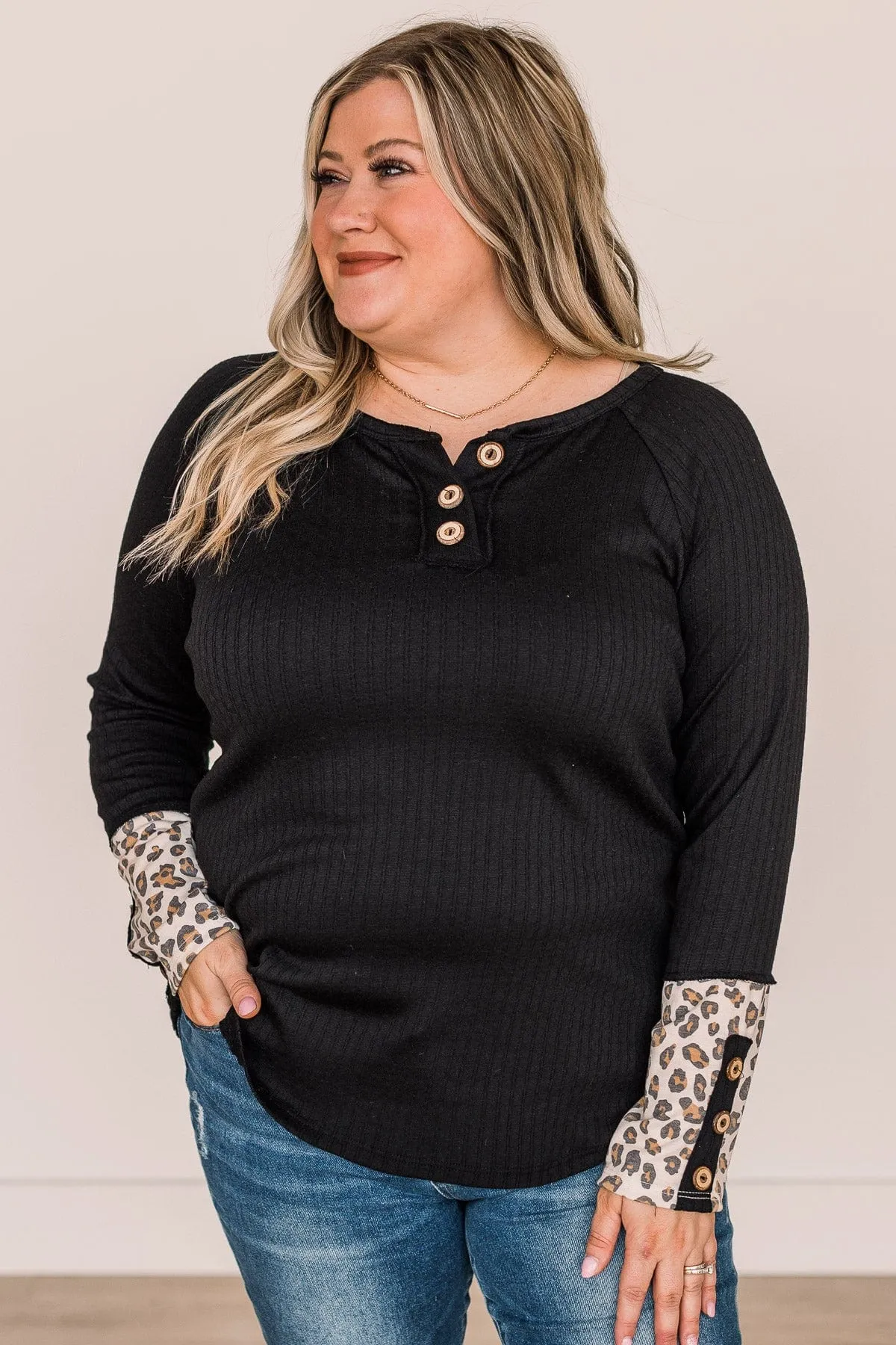 Black At My Happiest Button Knit Top