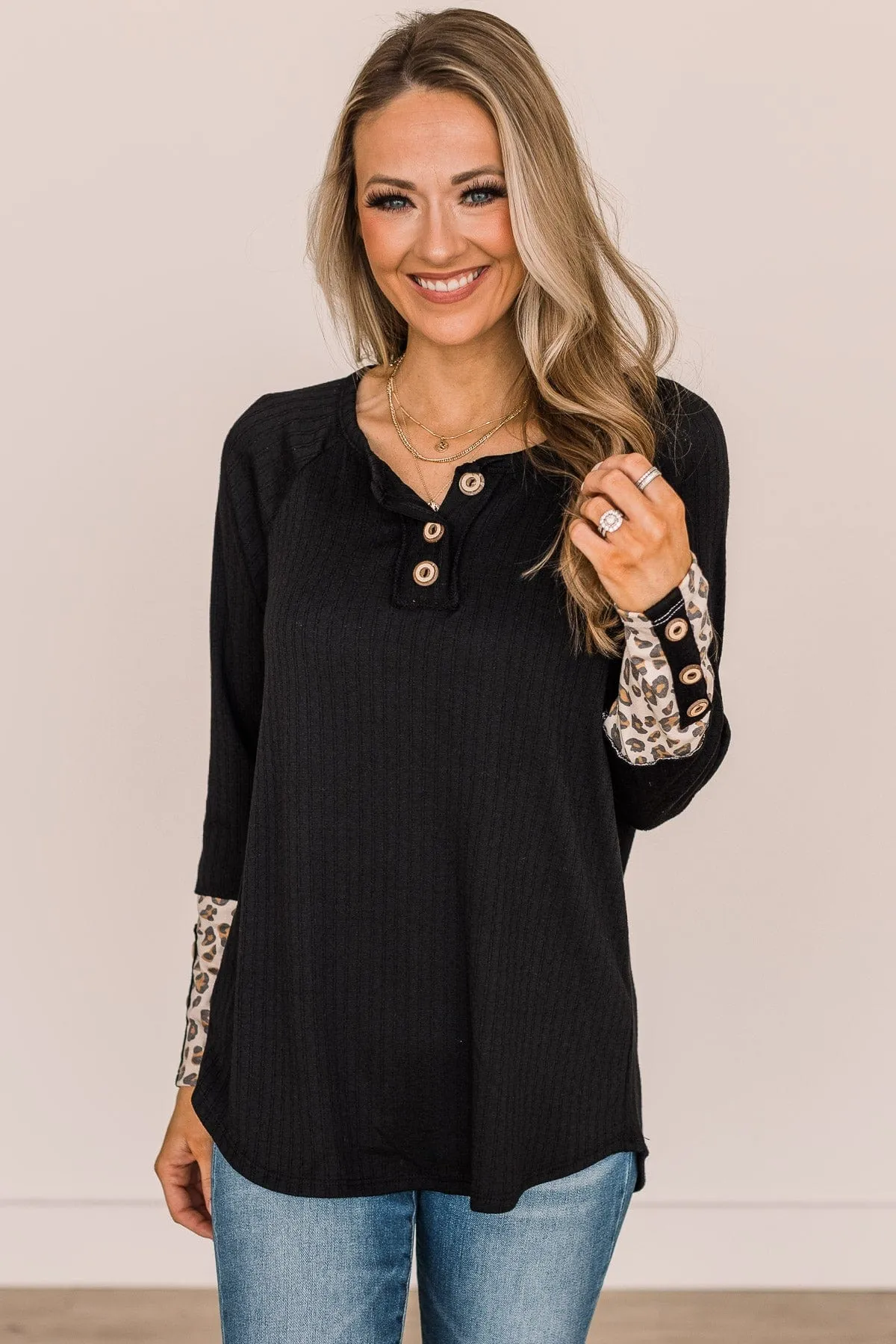 Black At My Happiest Button Knit Top