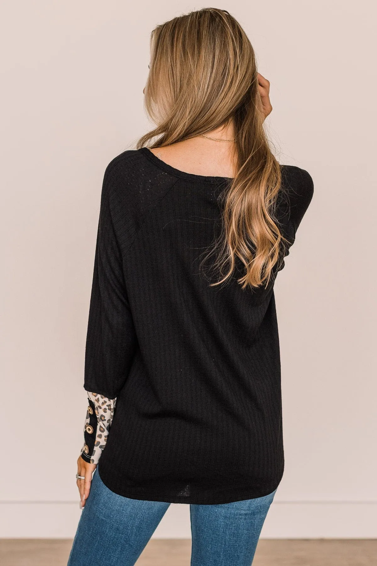 Black At My Happiest Button Knit Top