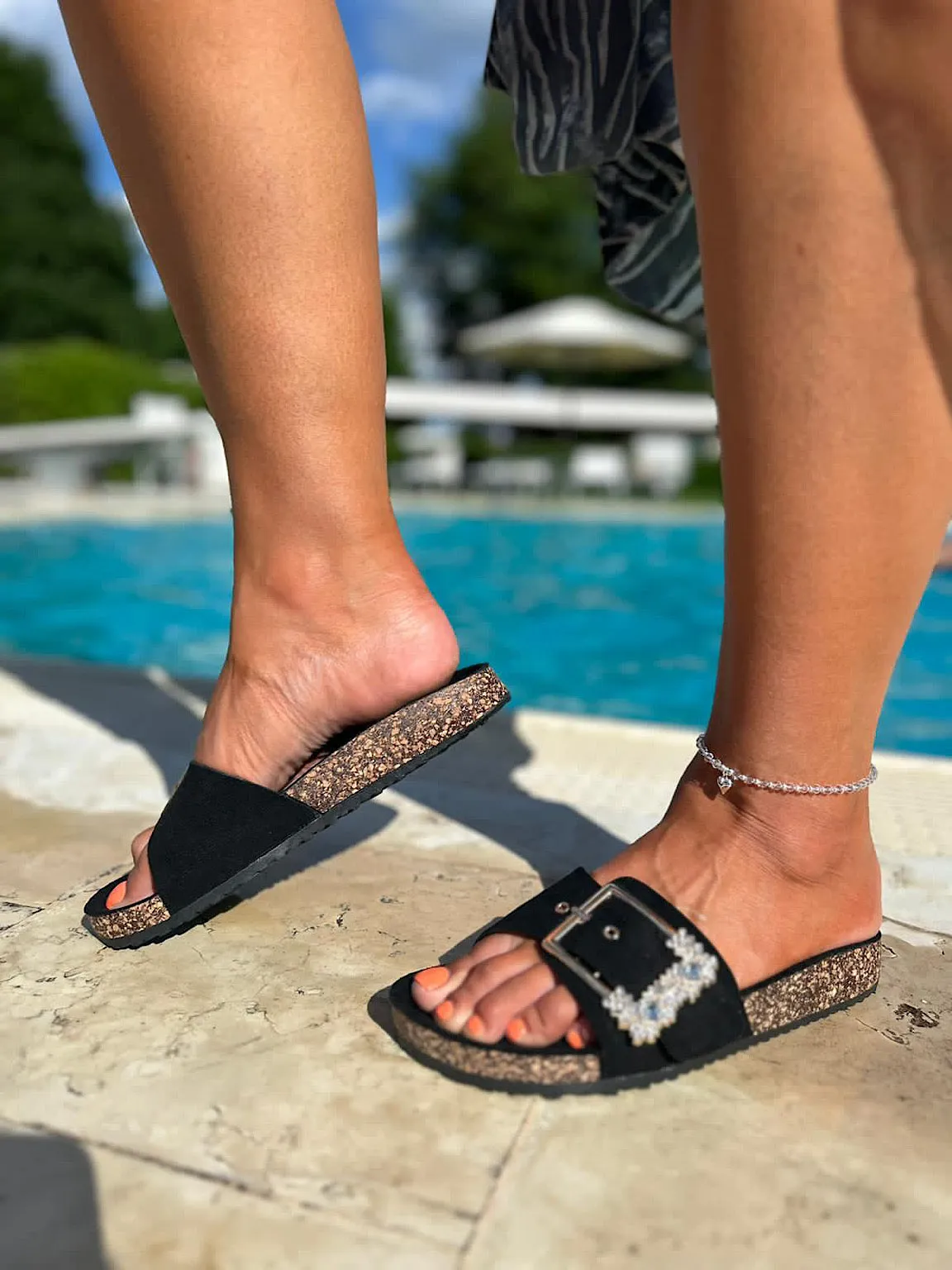 Black Diamante Buckle Footbed Sliders