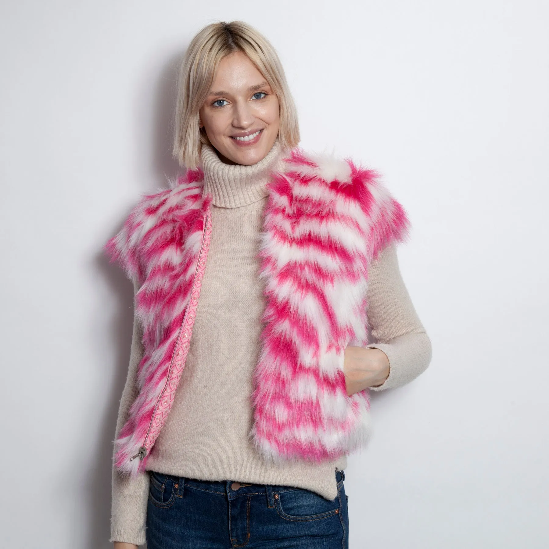 Brocade Pink Reversible Faux Fur Vest