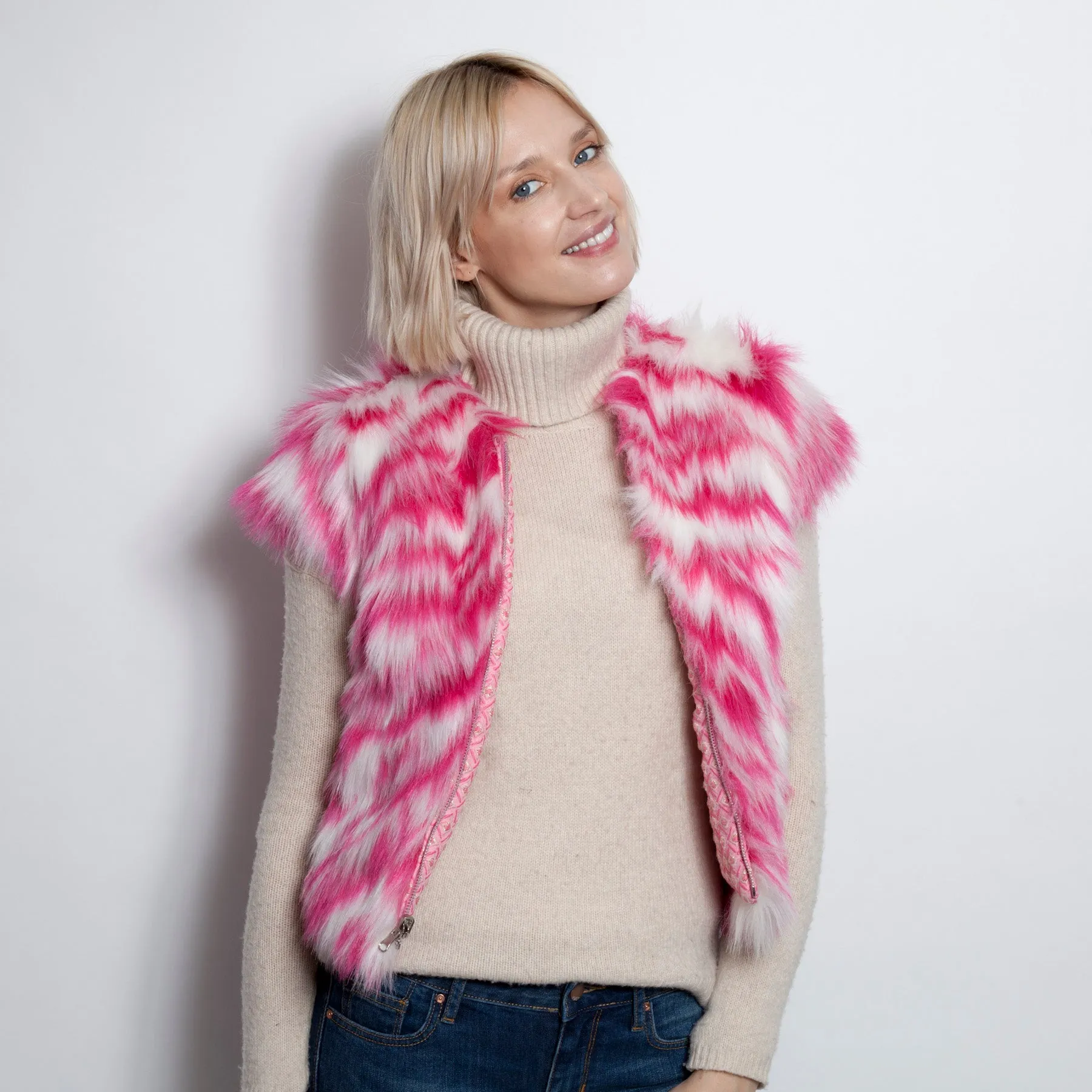 Brocade Pink Reversible Faux Fur Vest