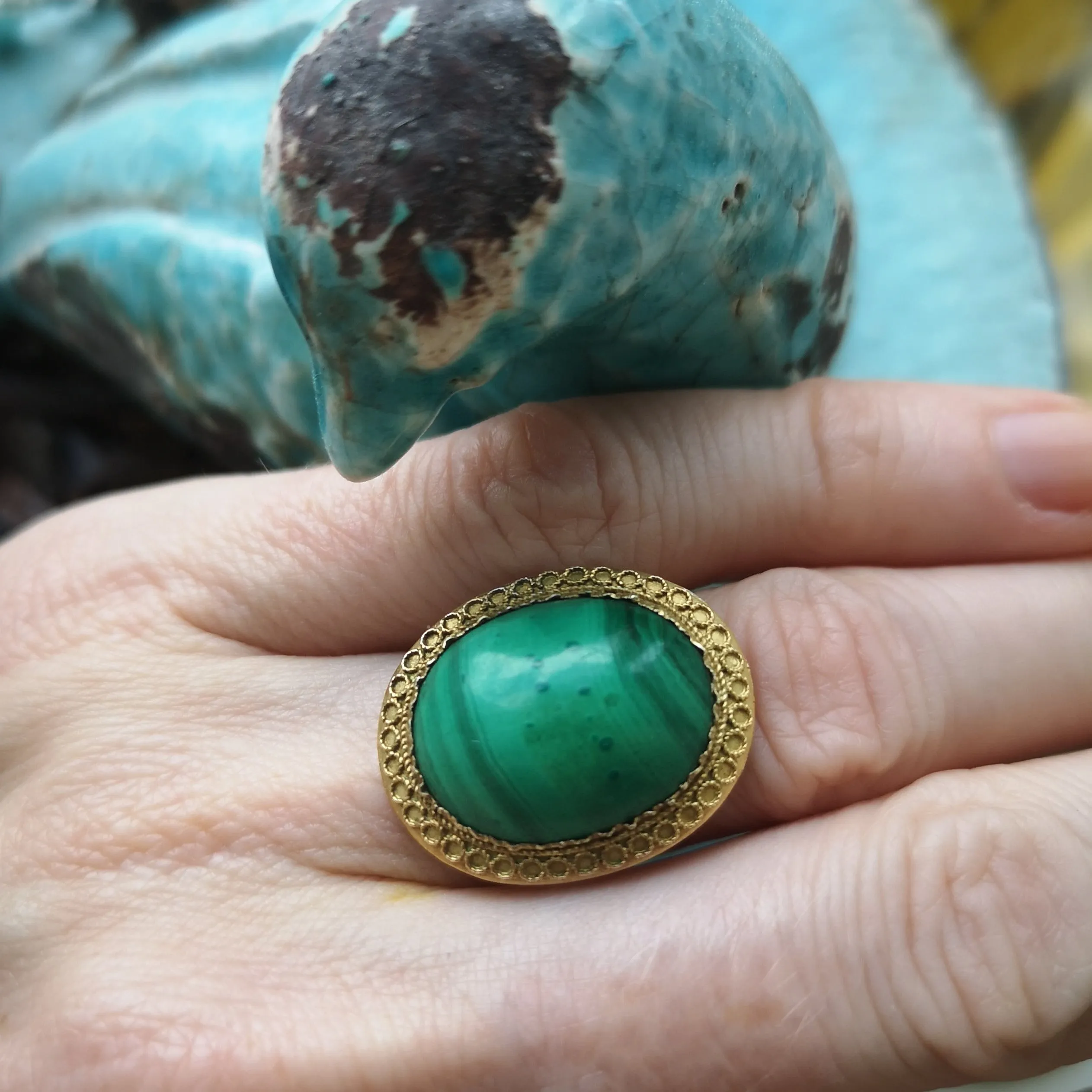 Malachite Etruscan Revival Ring