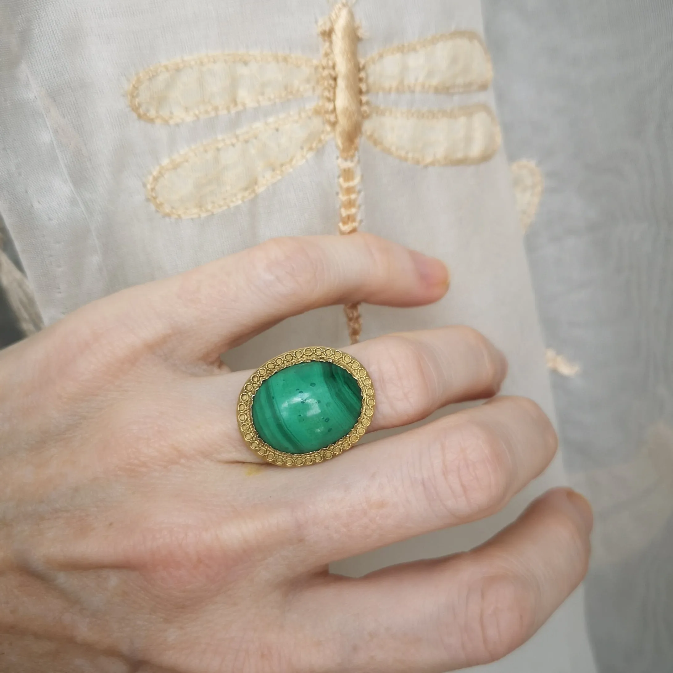 Malachite Etruscan Revival Ring