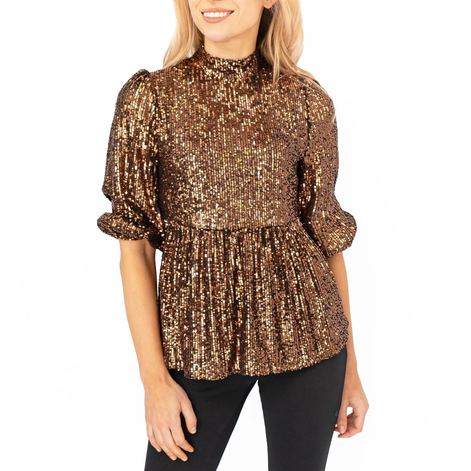 Gold Copper Peplum Tops with Sparkly Sequins and 3/4 Sleeves