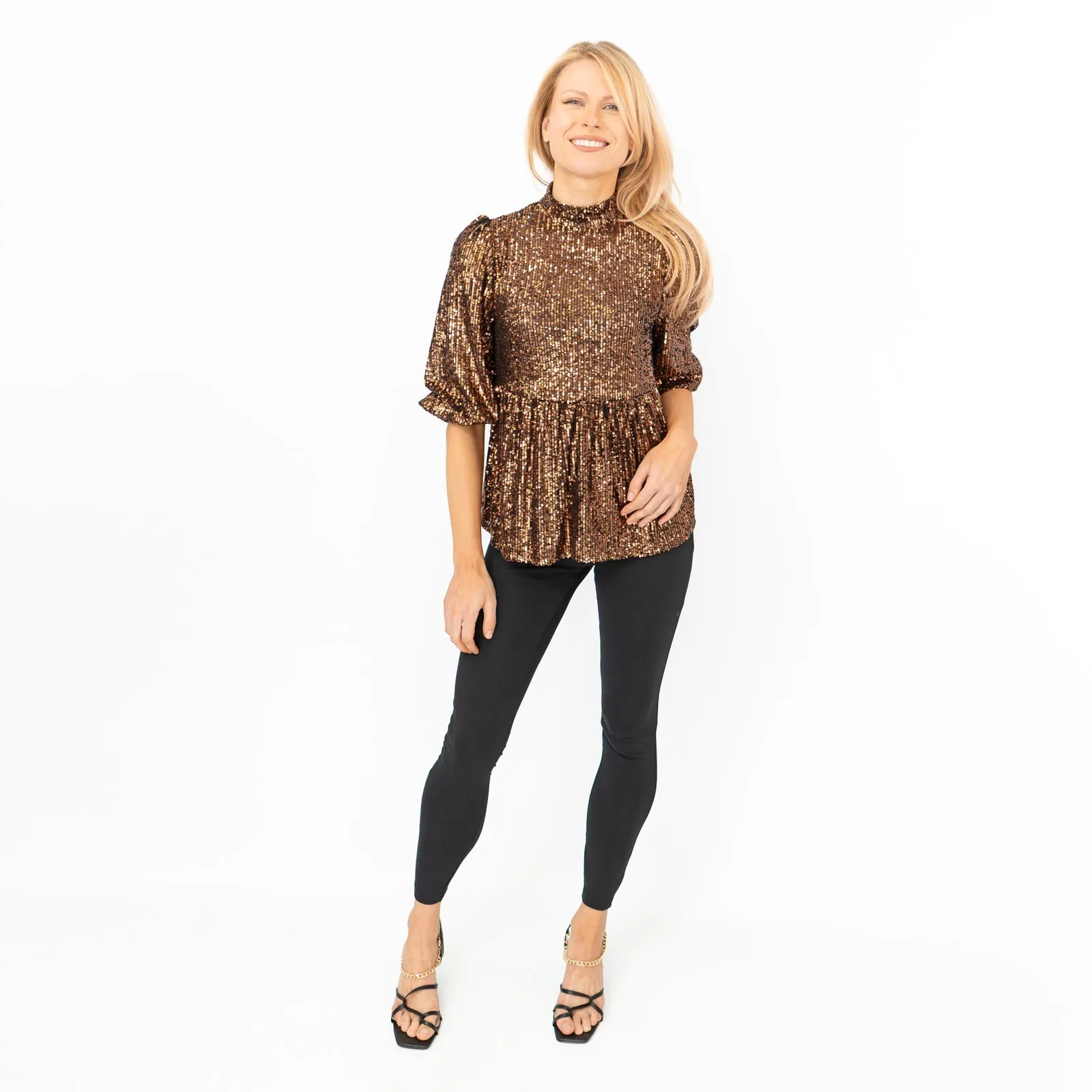 Gold Copper Peplum Tops with Sparkly Sequins and 3/4 Sleeves