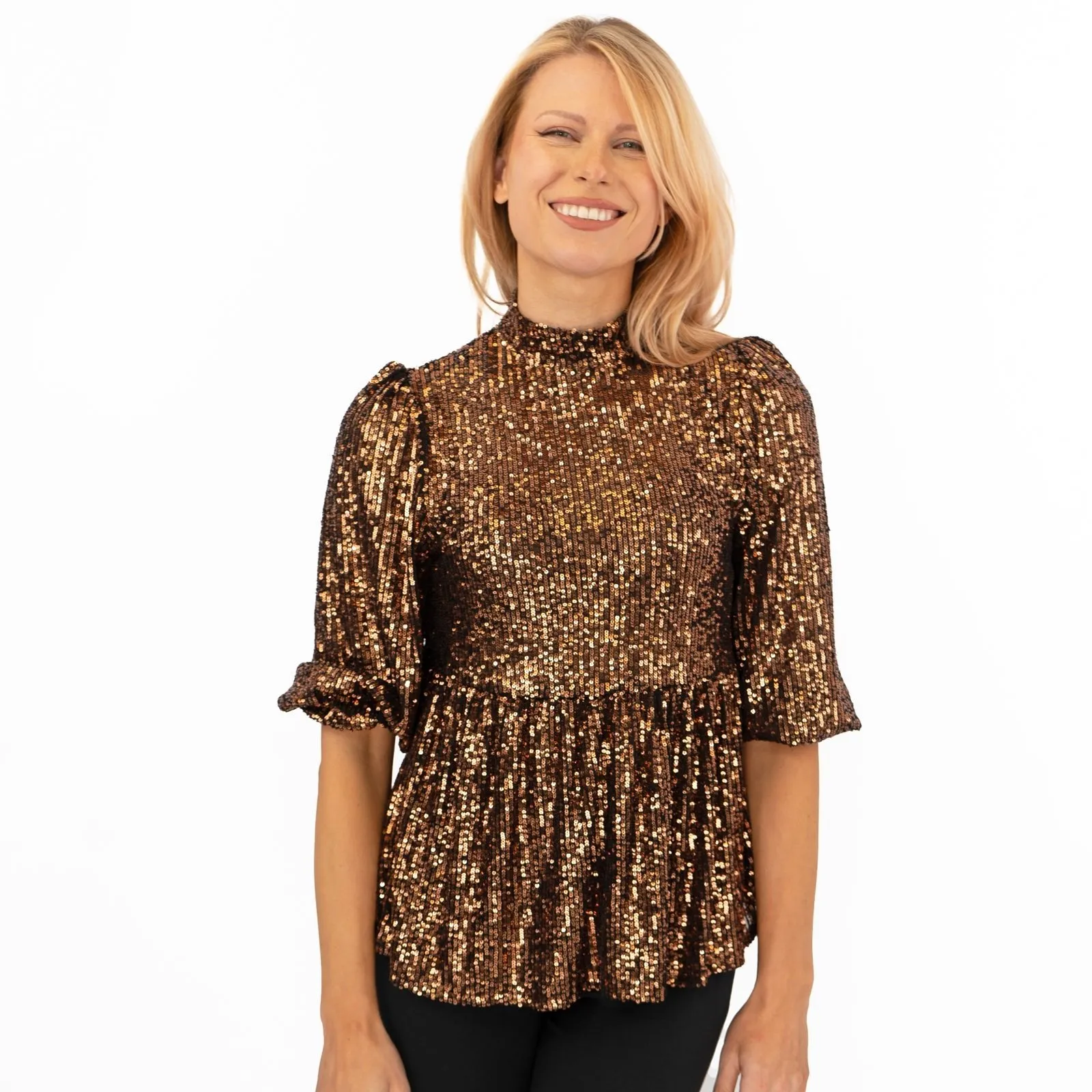 Gold Copper Peplum Tops with Sparkly Sequins and 3/4 Sleeves