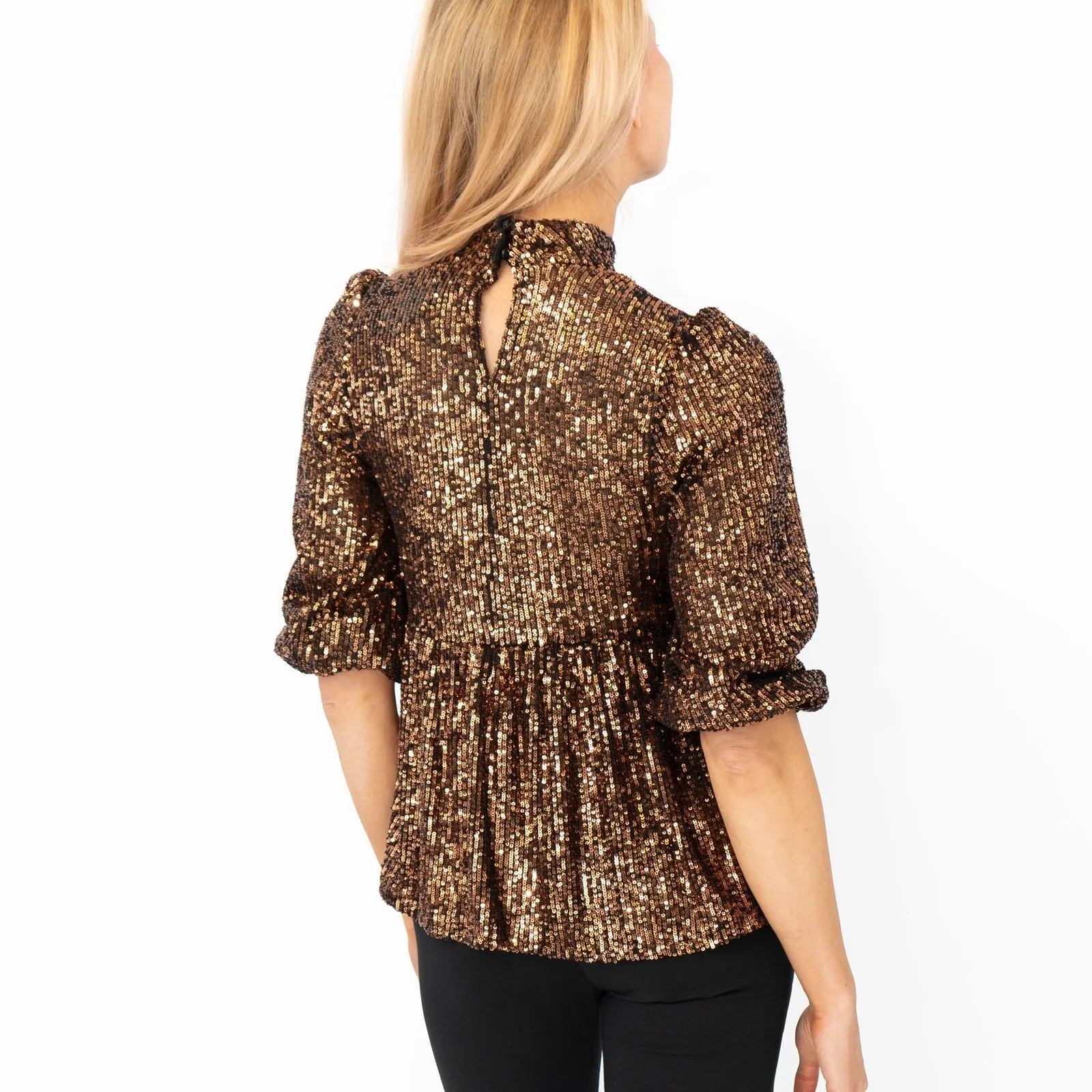 Gold Copper Peplum Tops with Sparkly Sequins and 3/4 Sleeves