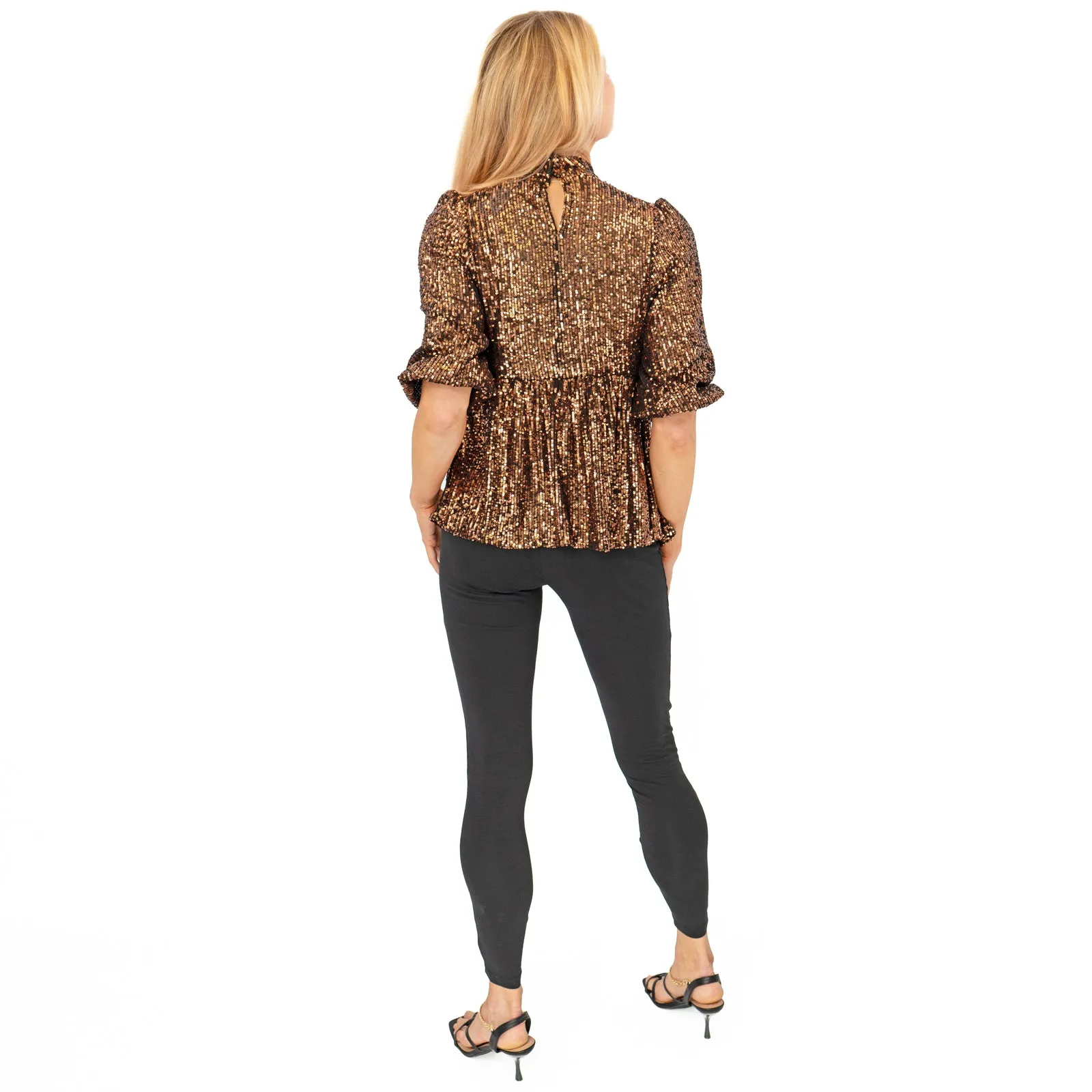 Gold Copper Peplum Tops with Sparkly Sequins and 3/4 Sleeves