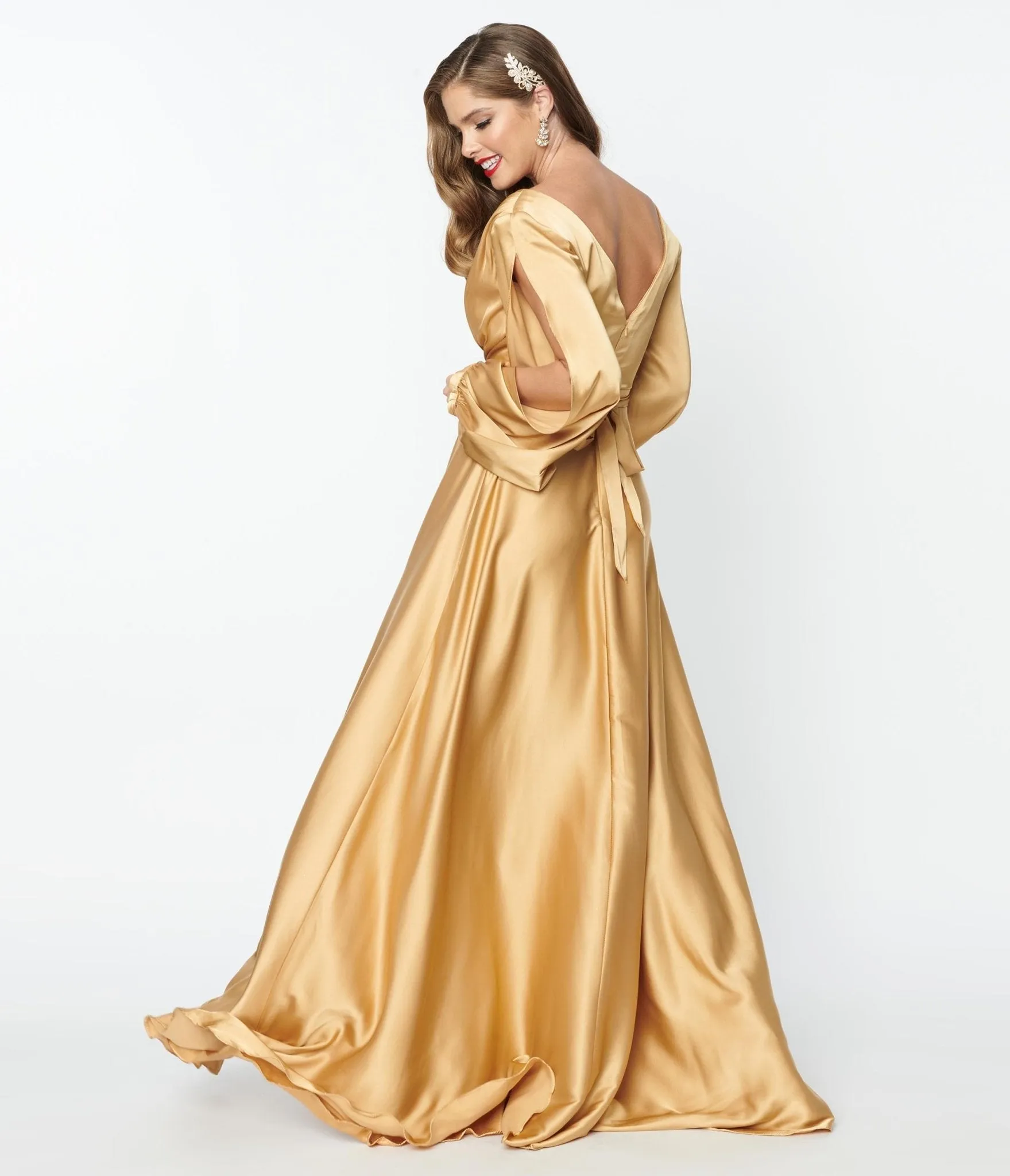 Gold Satin Long Sleeve Gown Goddess