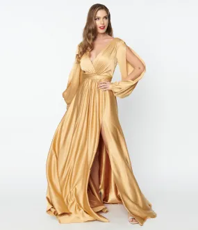 Gold Satin Long Sleeve Gown Goddess