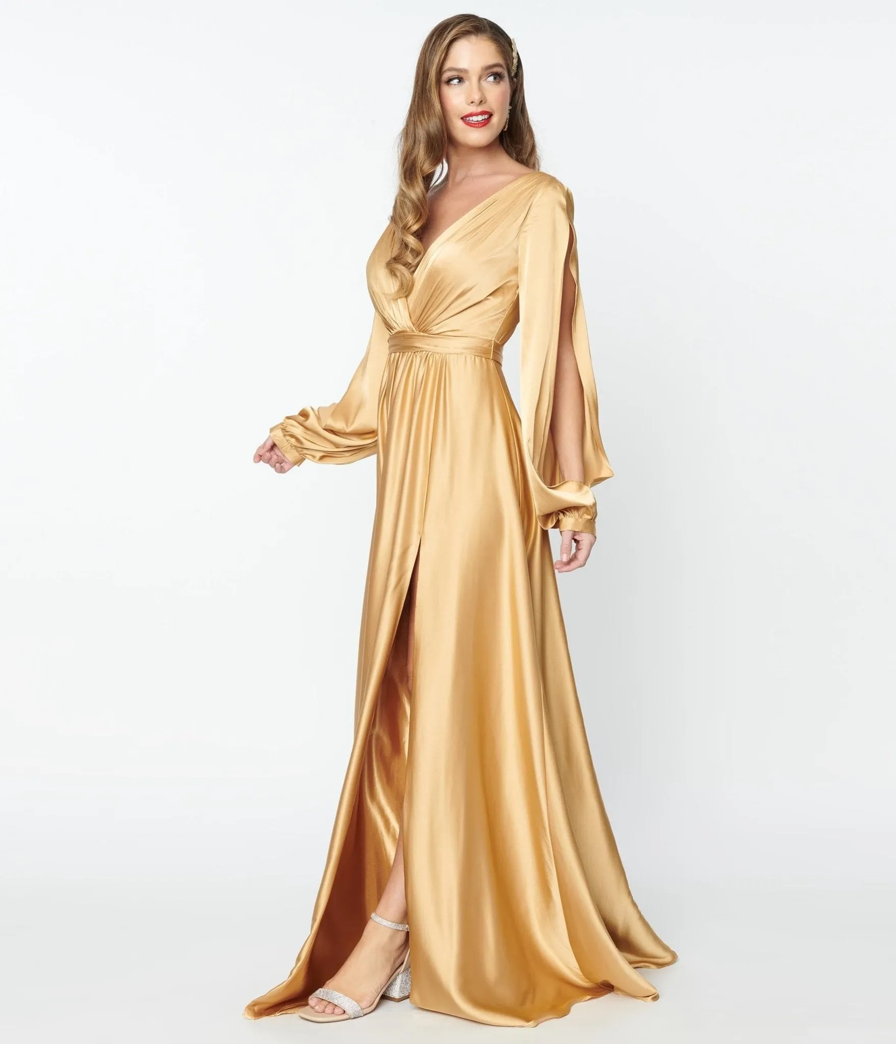 Gold Satin Long Sleeve Gown Goddess