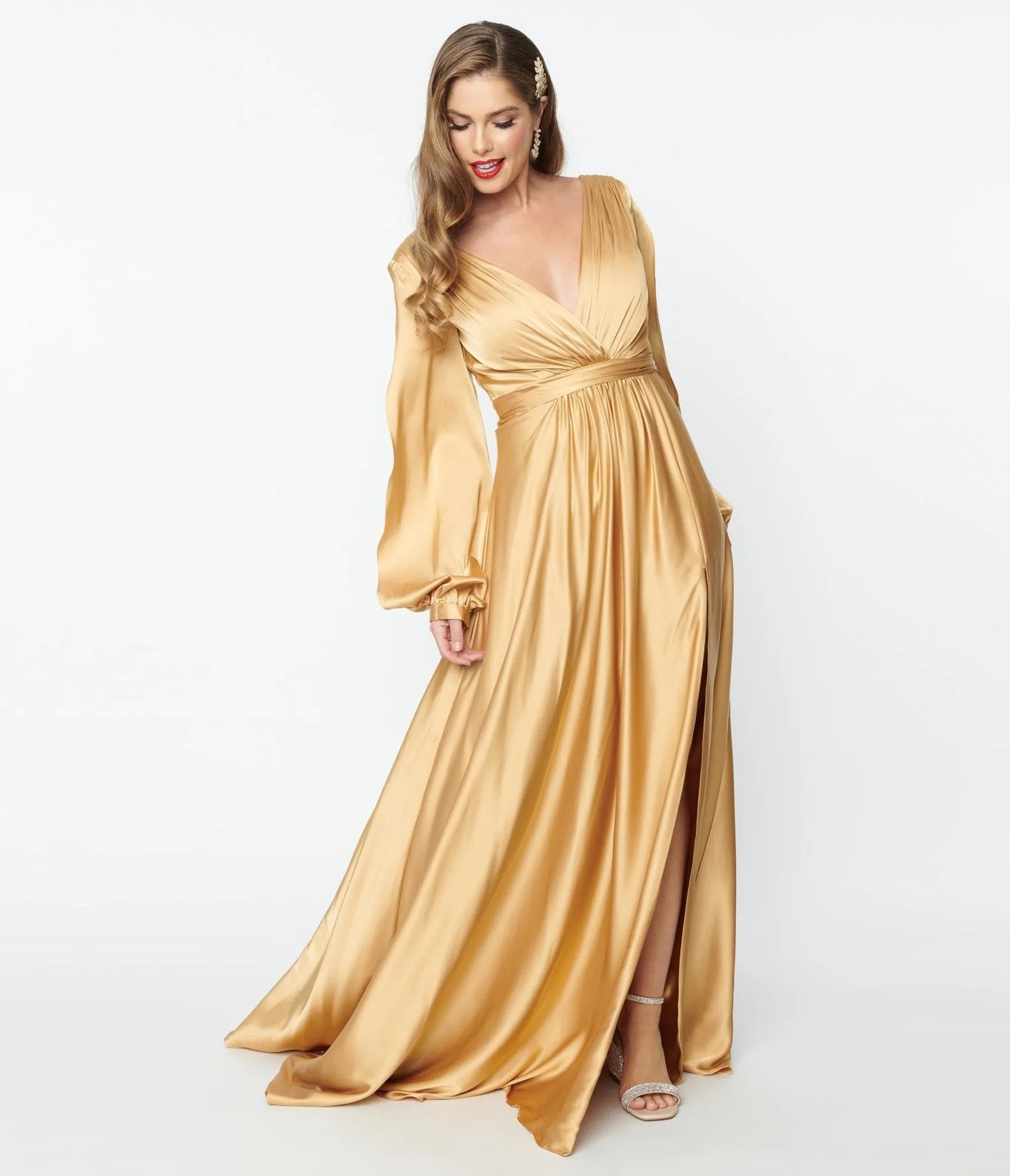 Gold Satin Long Sleeve Gown Goddess