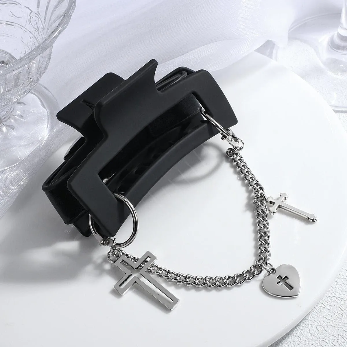 Gothic Style Black PU Leather Cross Chain Hair Claw Clip