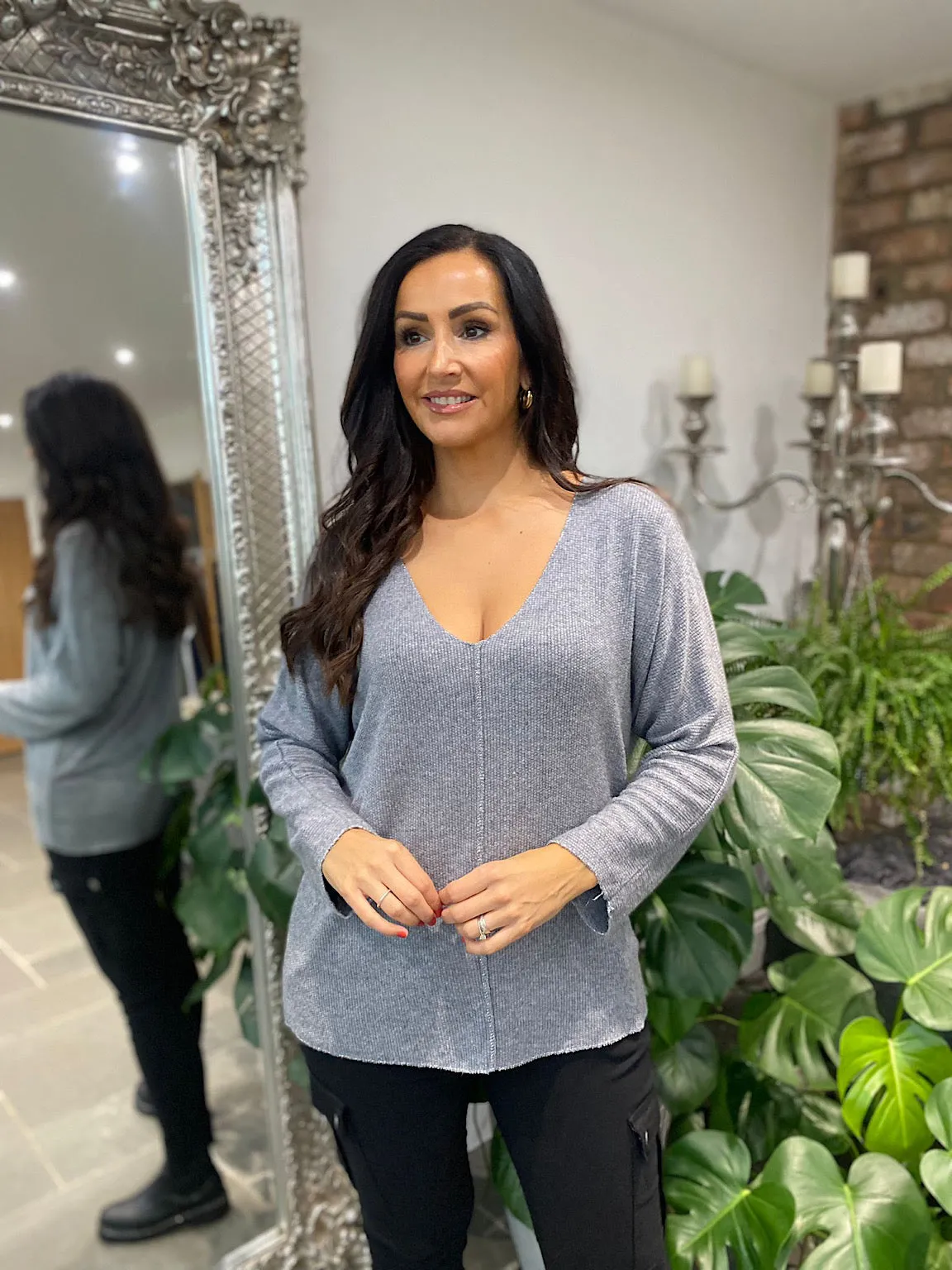 Grey Knit Selina V Neck Shimmer