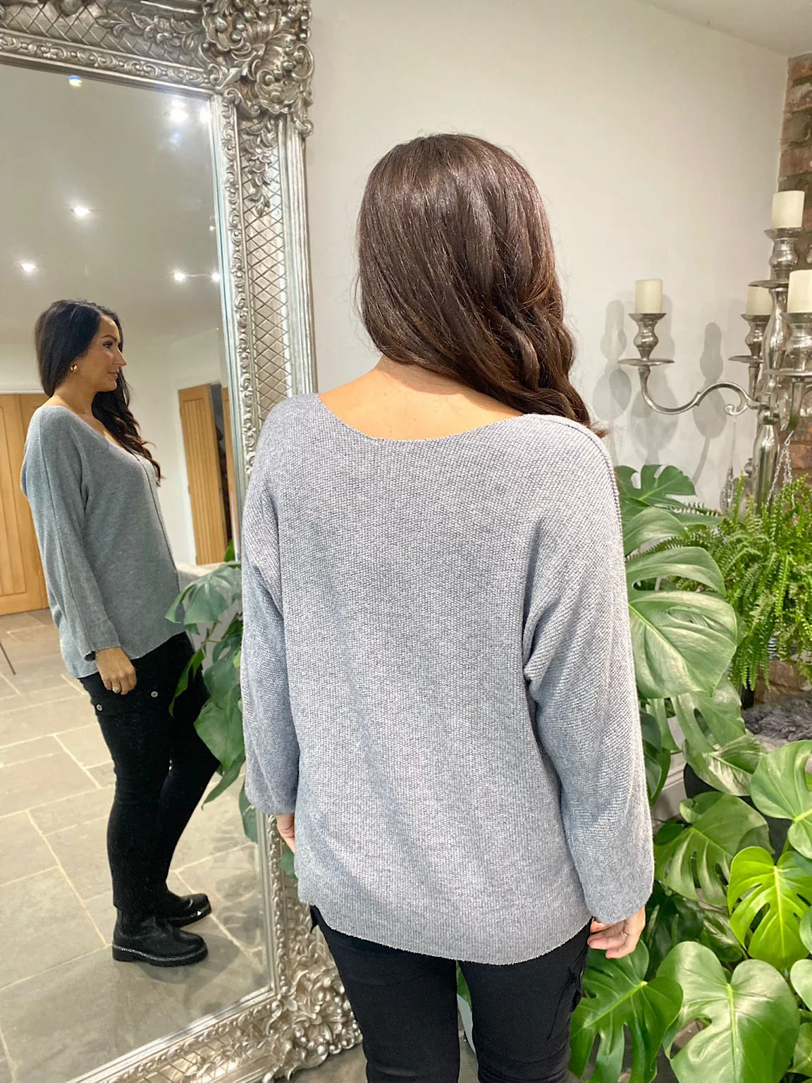 Grey Knit Selina V Neck Shimmer