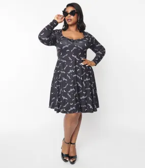 Vintage Flare Dress with Bat & Moon Design