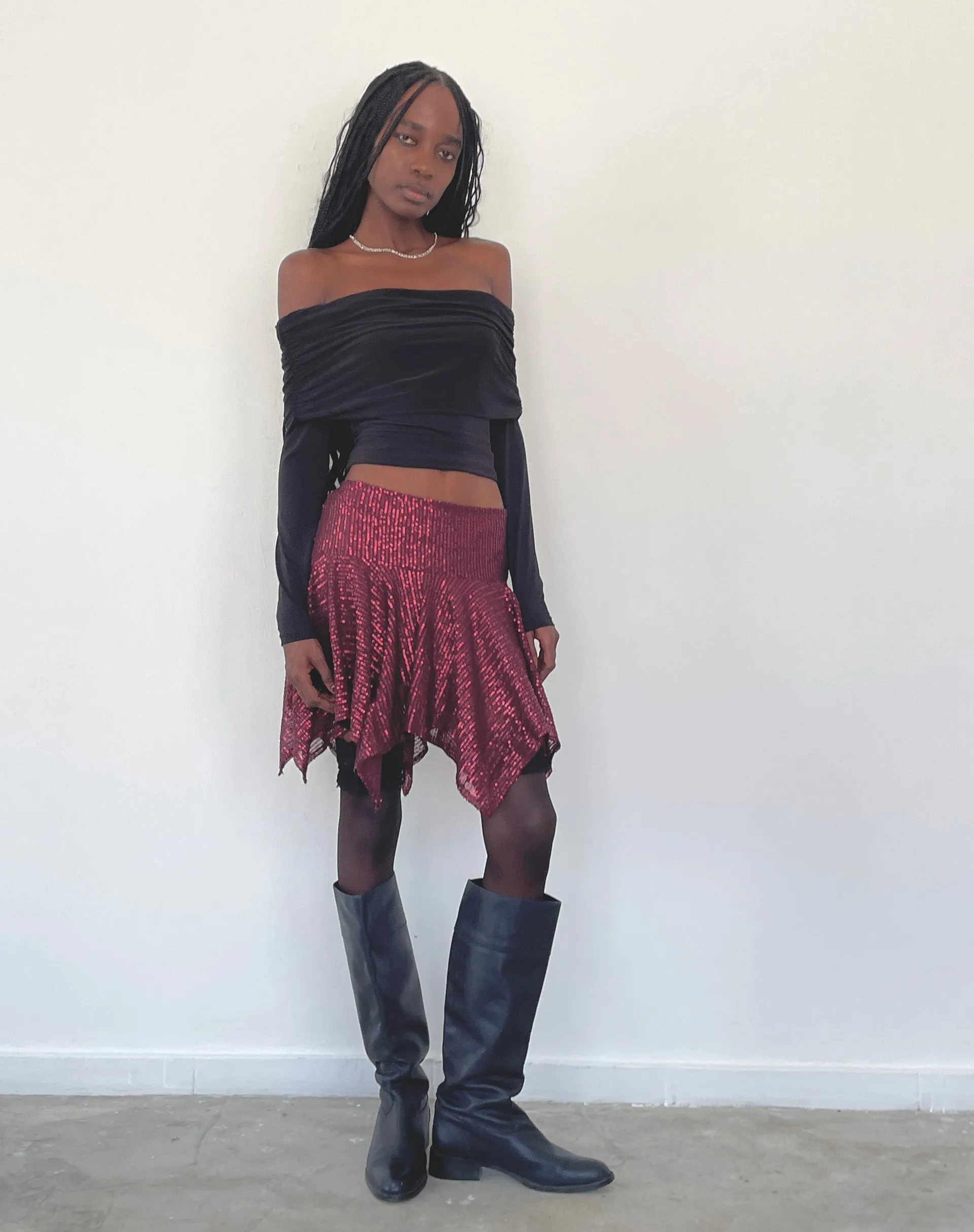 Helga Waterfall Mini Skirt in Sequin Burgundy