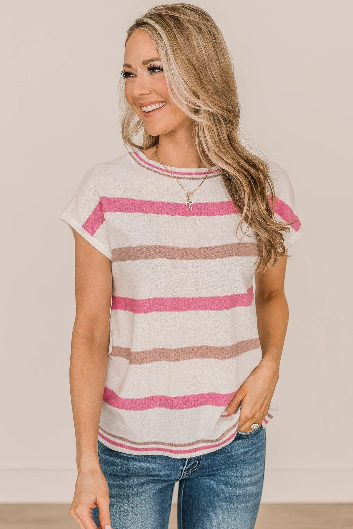 Ivory and Pink Striped Knit Top  Thinking Out Loud Knit Top- Camel