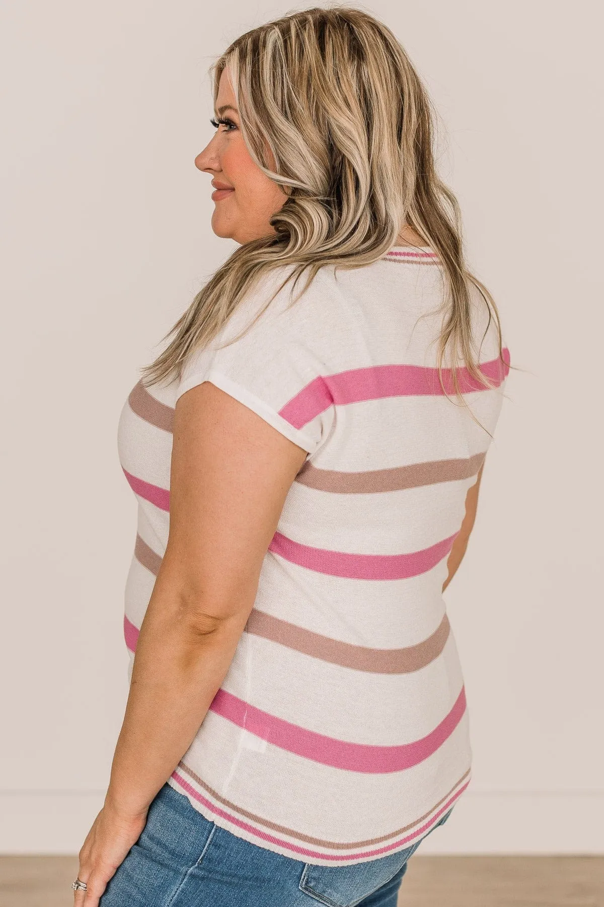 Ivory and Pink Striped Knit Top  Thinking Out Loud Knit Top- Camel