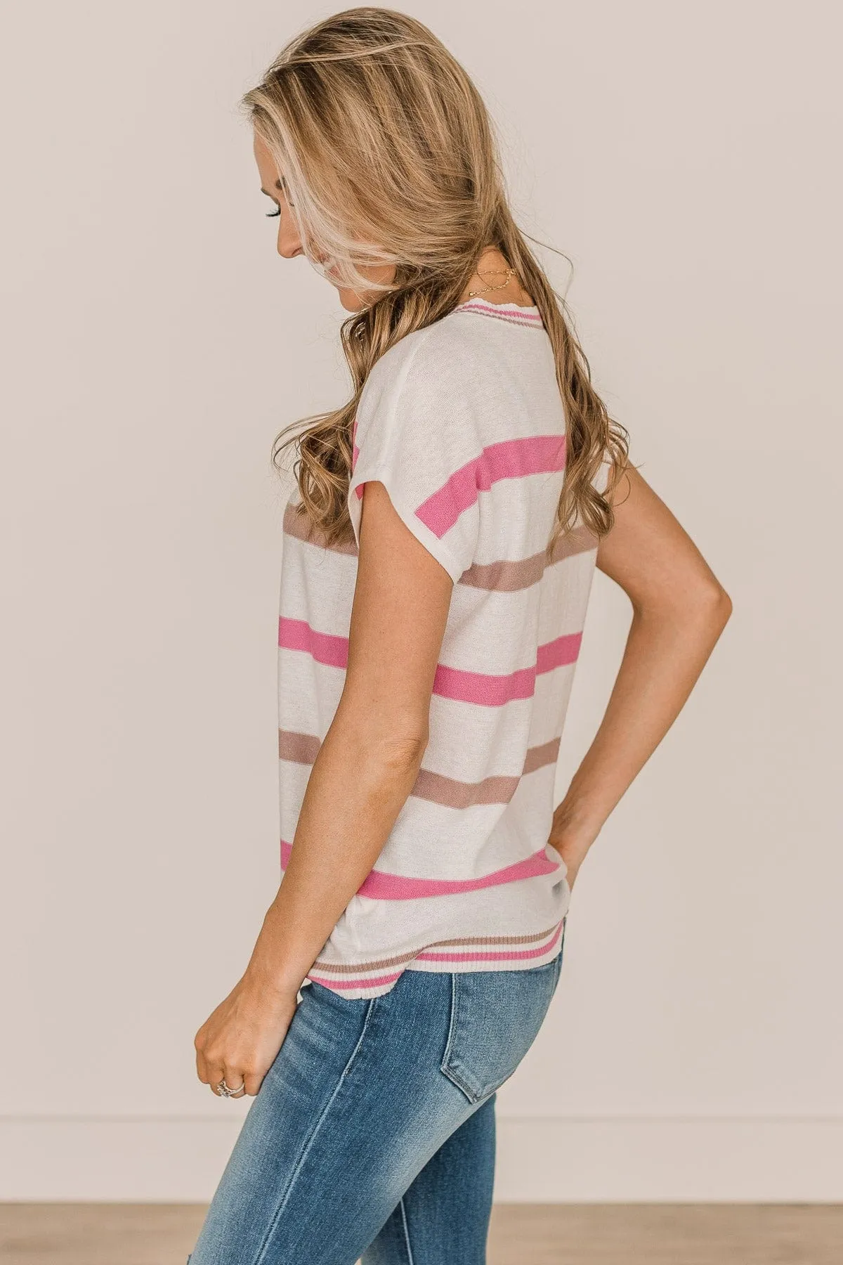 Ivory and Pink Striped Knit Top  Thinking Out Loud Knit Top- Camel