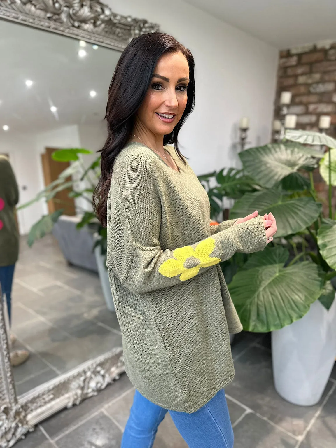 Khaki Floral Knit Jumper Ria