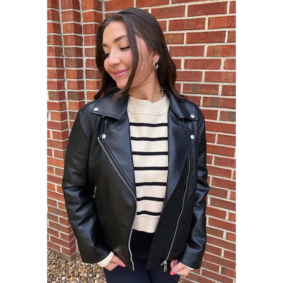 Ladies Black Hooded Leather Jacket: Happy