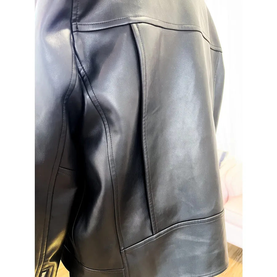 Ladies Black Hooded Leather Jacket: Happy