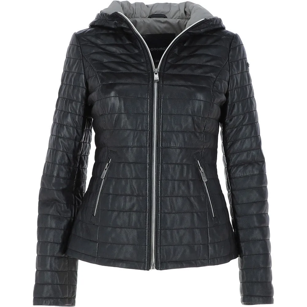 Monomoi Ladies Hooded Leather Jacket Black Happy