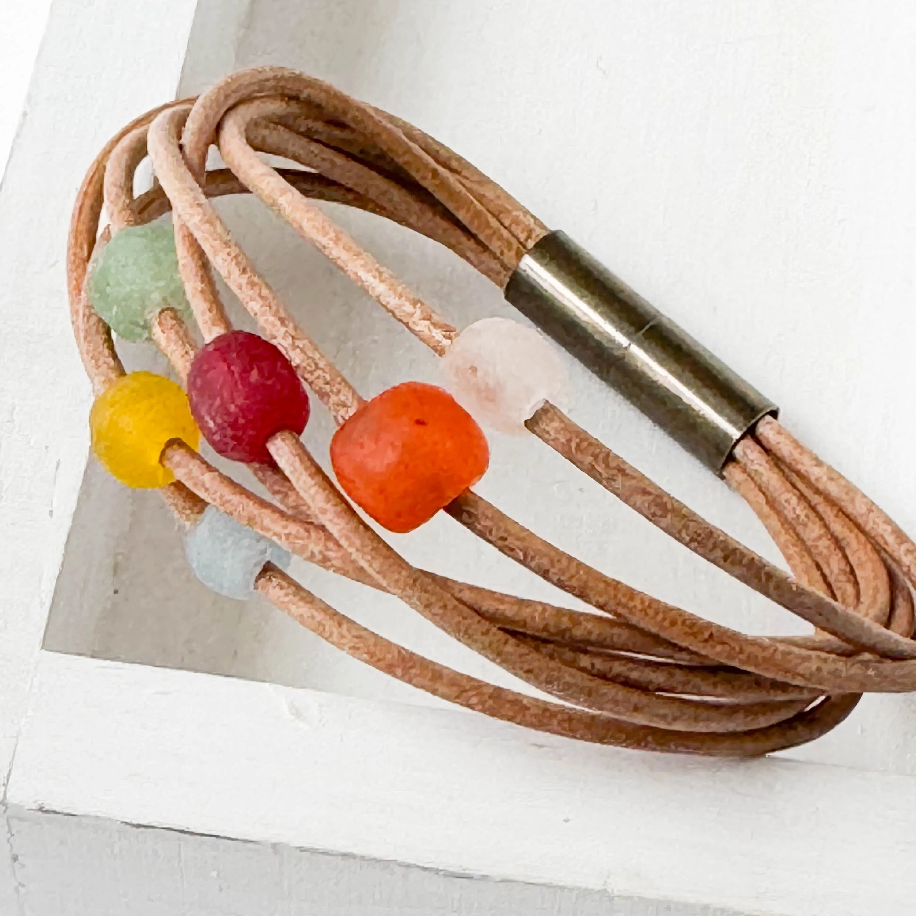 Natural Leather Beads with Colorful Recycle Glass