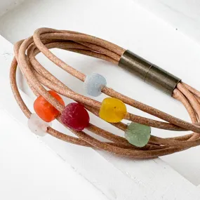 Natural Leather Beads with Colorful Recycle Glass