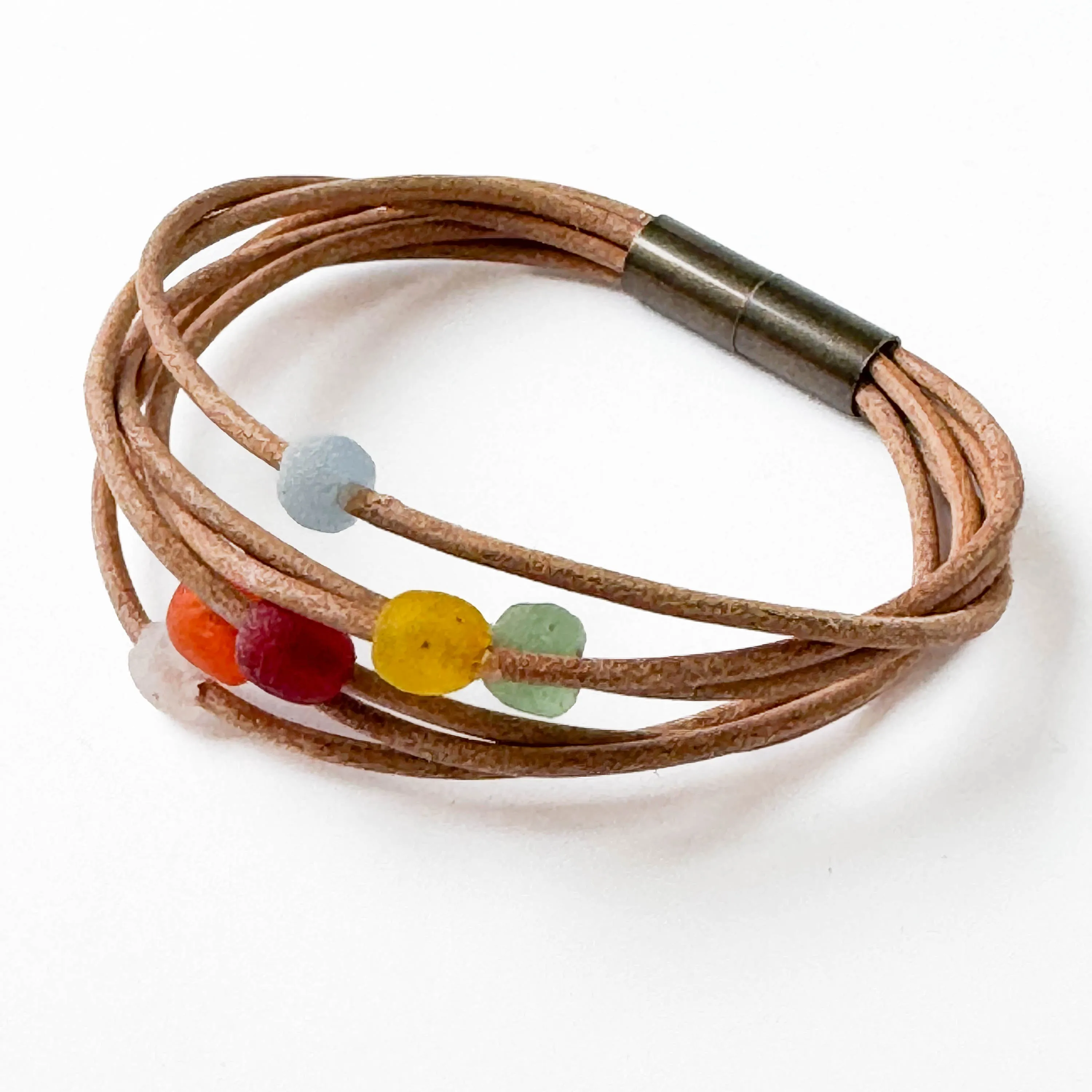 Natural Leather Beads with Colorful Recycle Glass