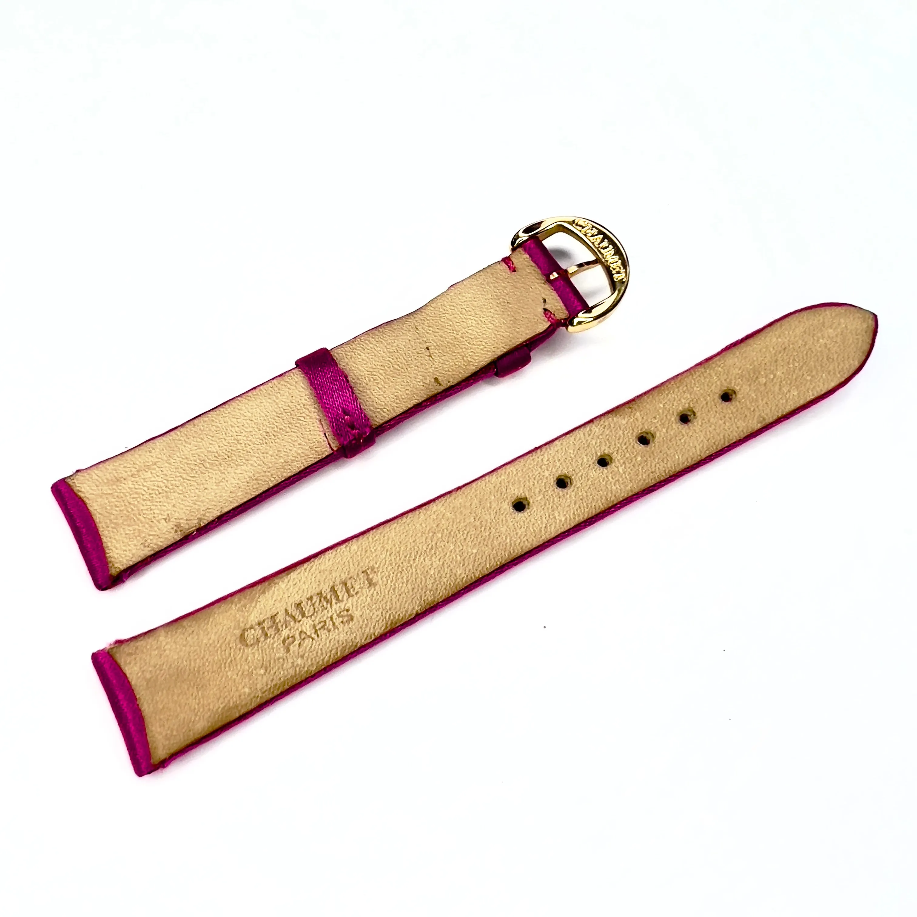 Elegant Fuchsia Satin and Leather Band Strap with Gold Plated Chaumet Buckle