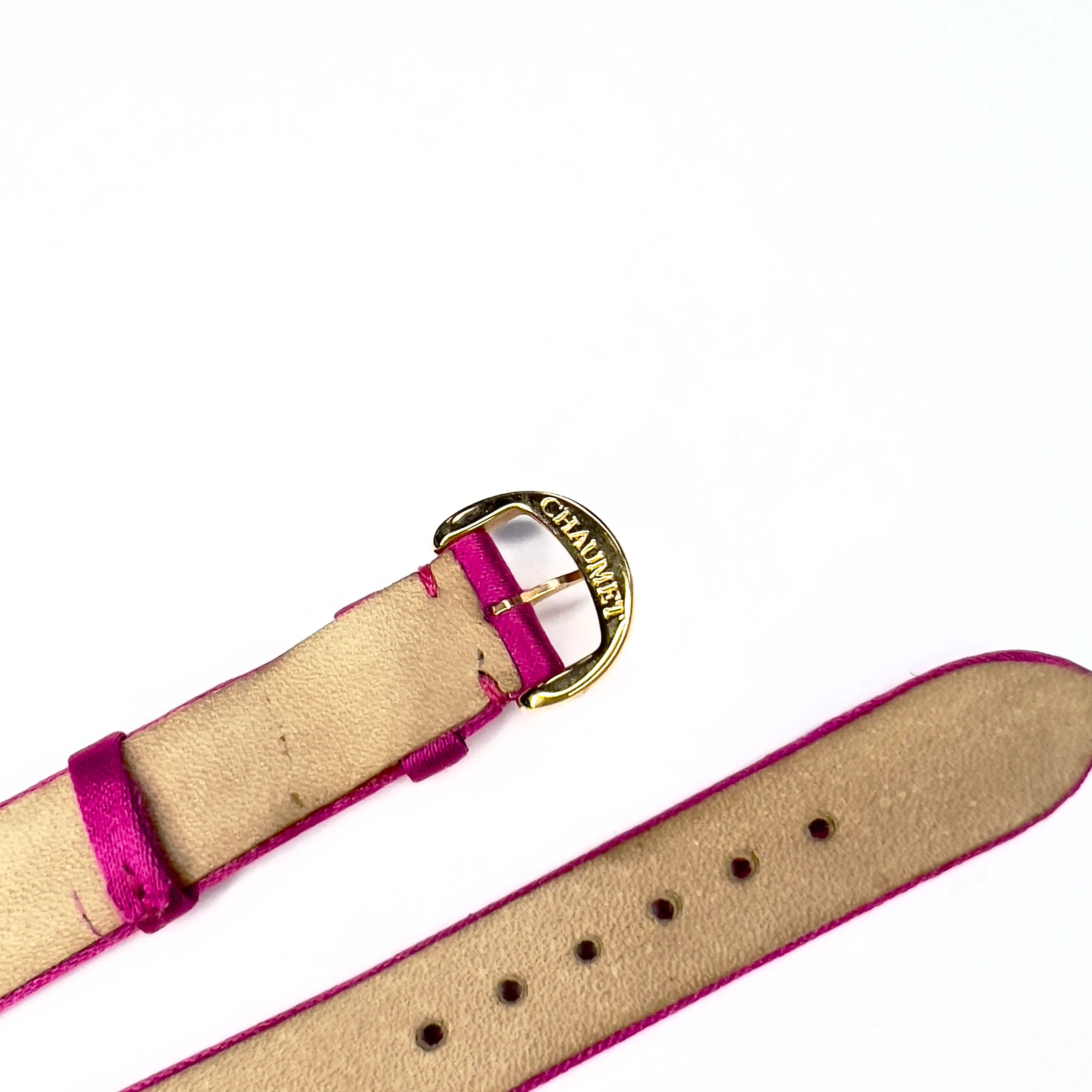 Elegant Fuchsia Satin and Leather Band Strap with Gold Plated Chaumet Buckle