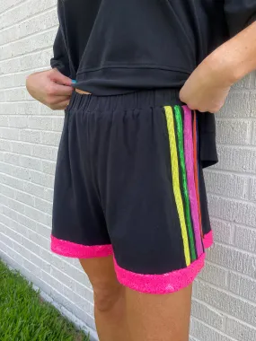 Black Sequin Stripe Time Flies Shorts