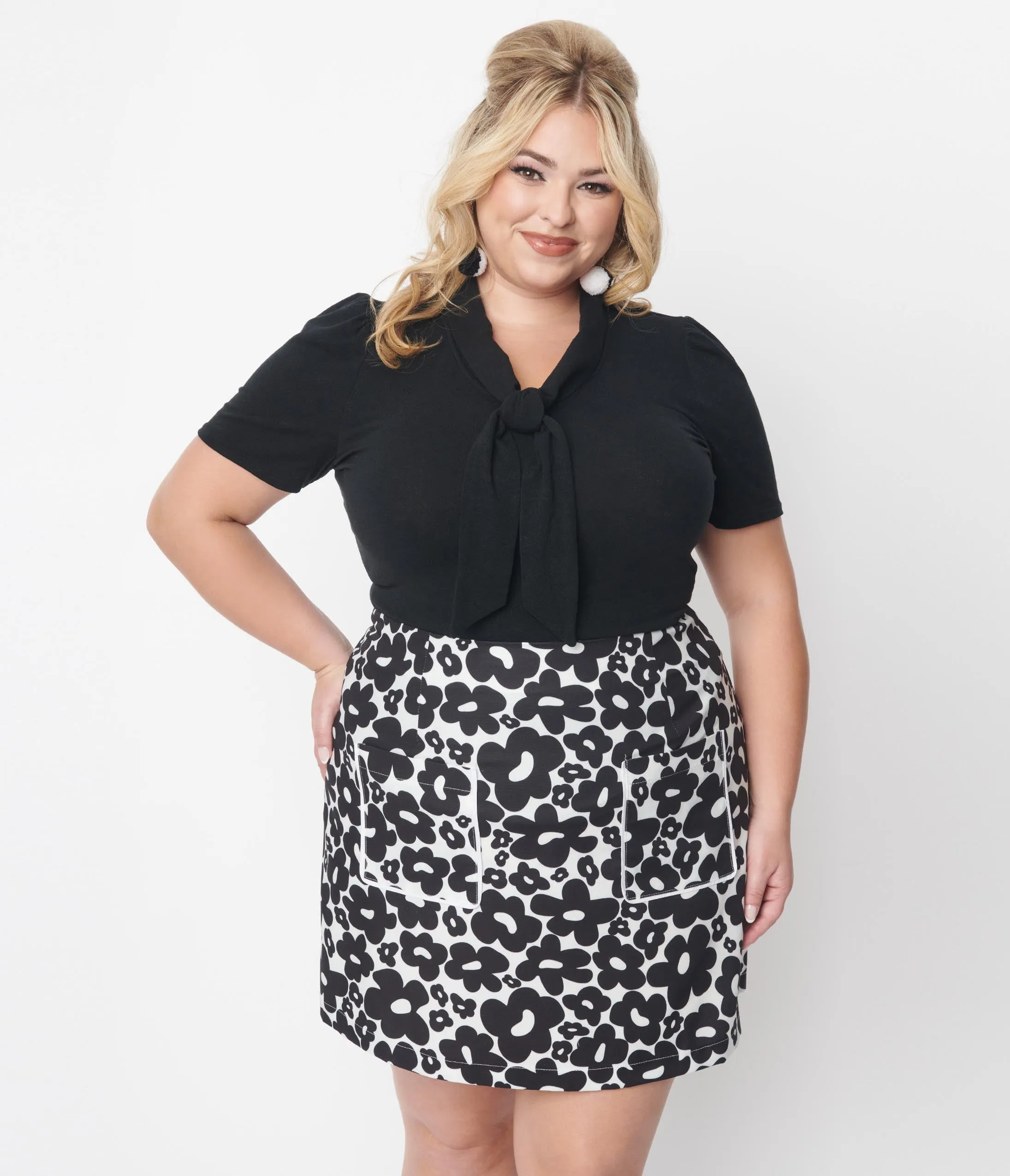 Plus Size Black Top with Tie Neck