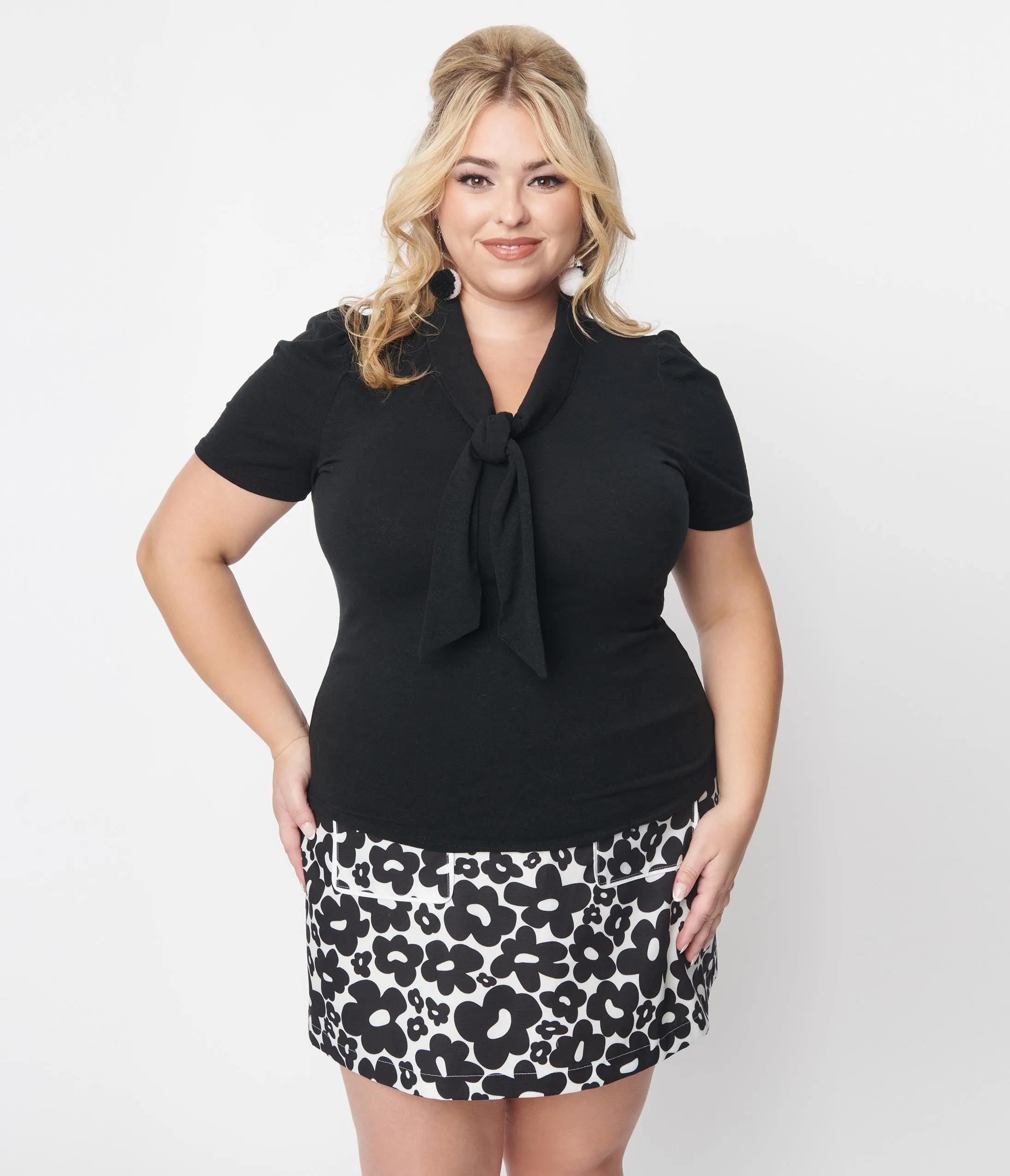 Plus Size Black Top with Tie Neck