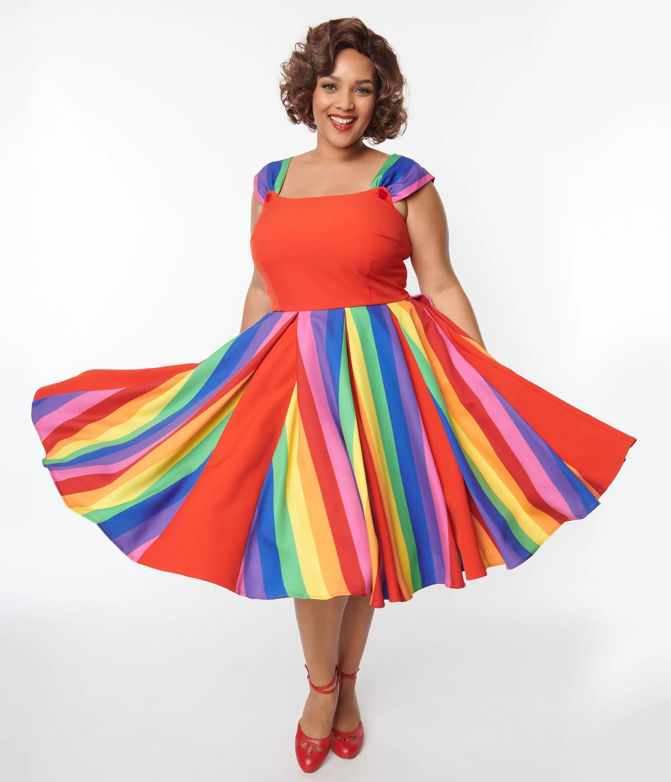 Unique Vintage Plus Size Red Rainbow Stripe Swing Dress