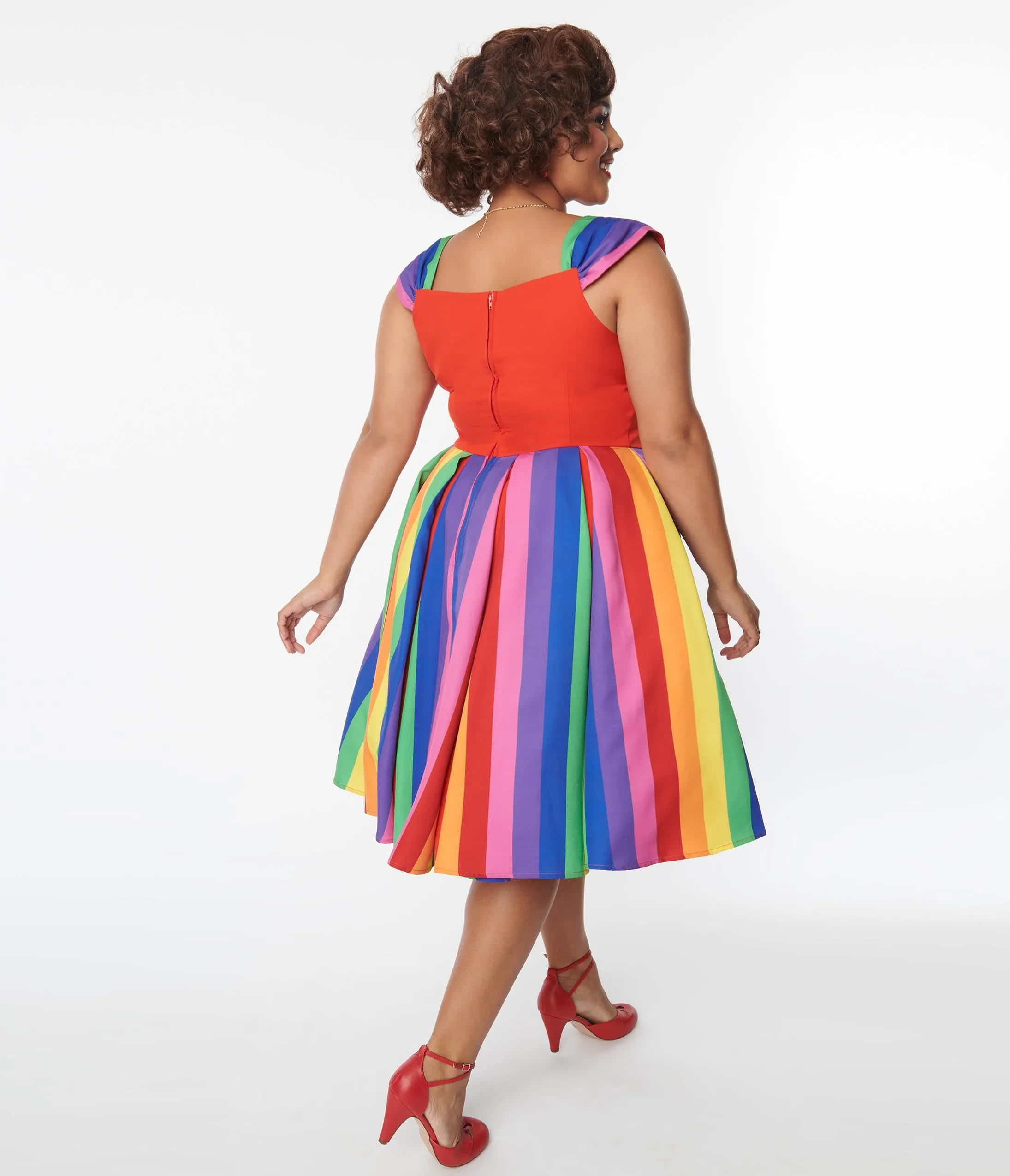 Unique Vintage Plus Size Red Rainbow Stripe Swing Dress