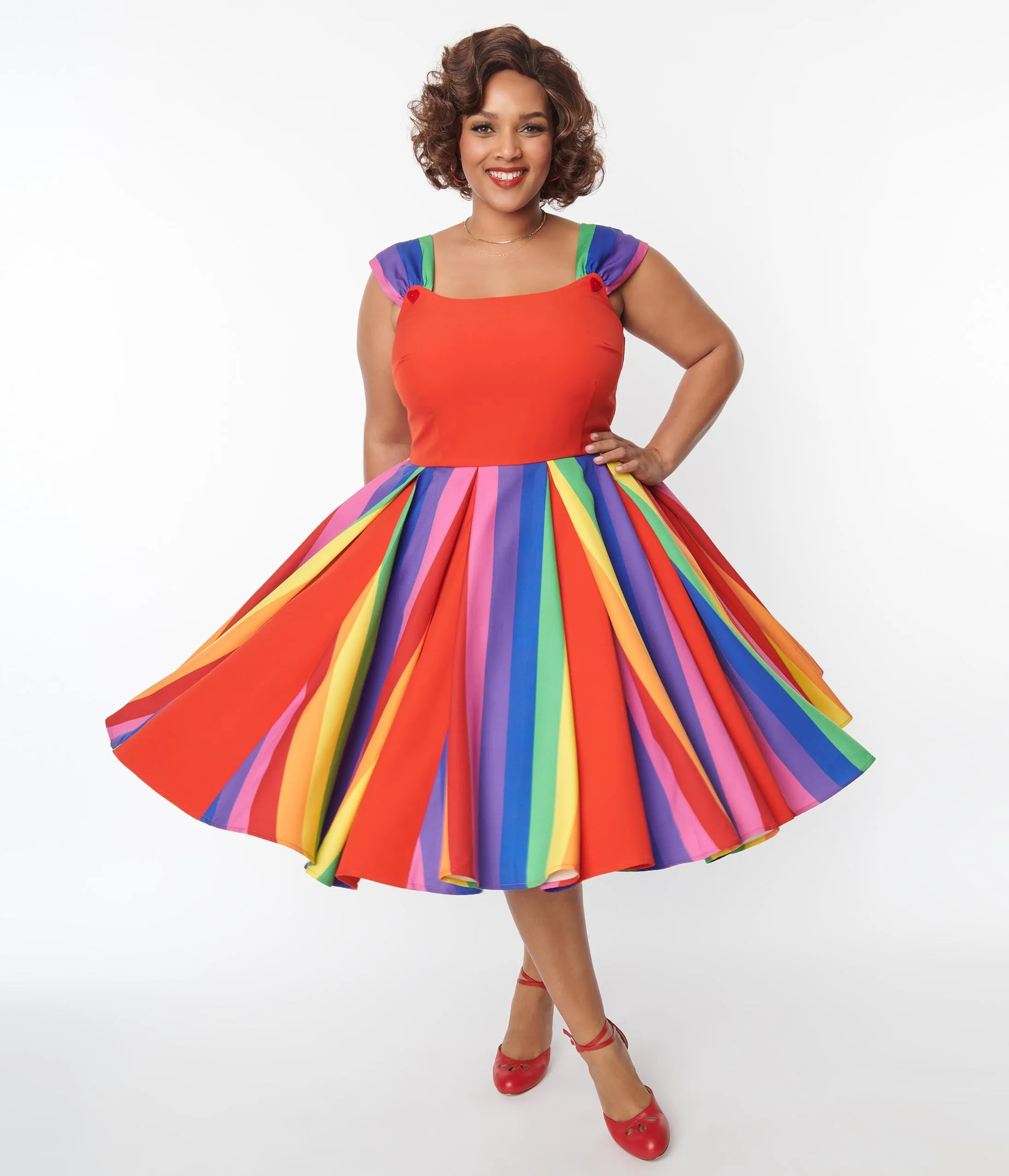 Unique Vintage Plus Size Red Rainbow Stripe Swing Dress