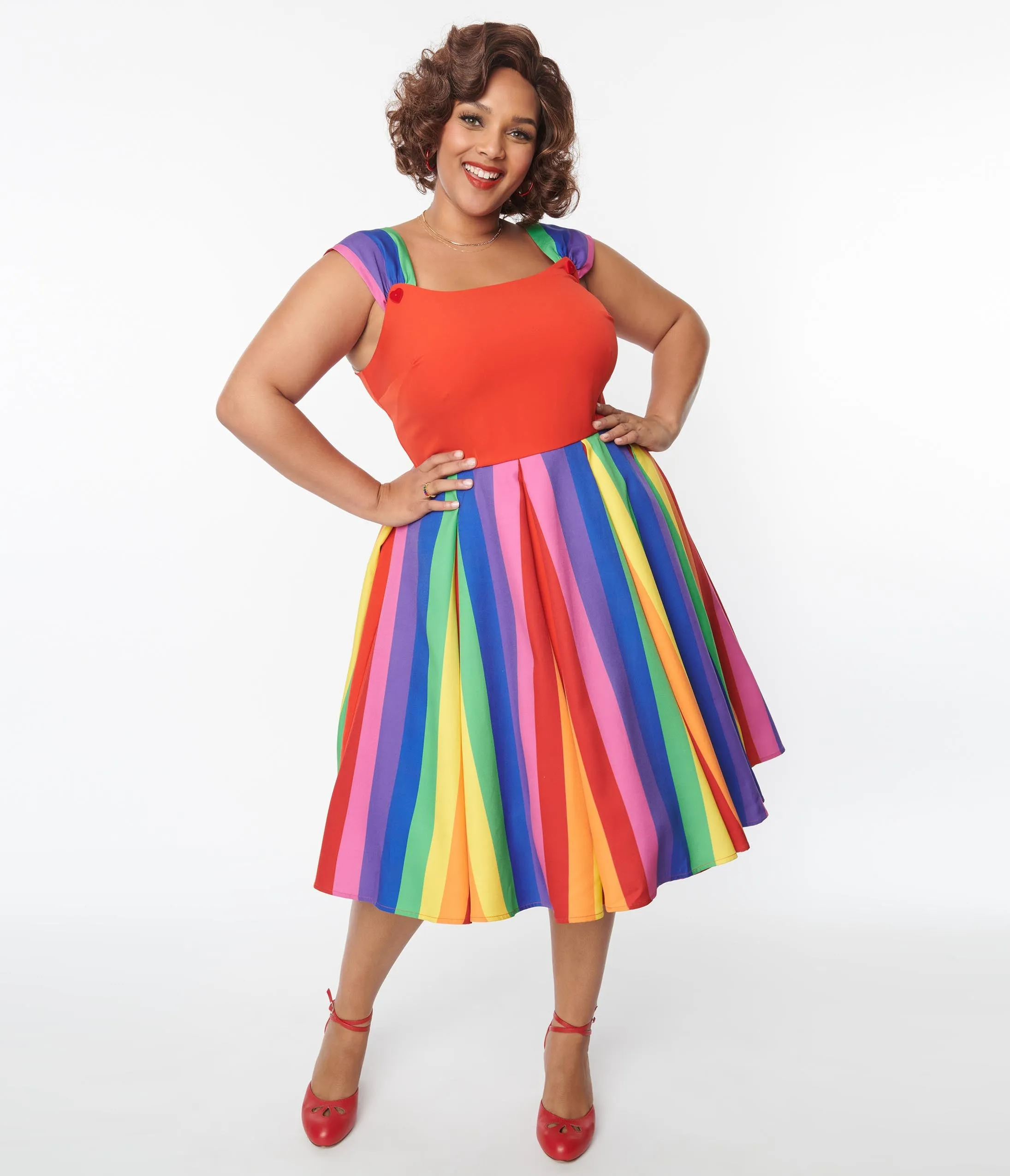 Unique Vintage Plus Size Red Rainbow Stripe Swing Dress