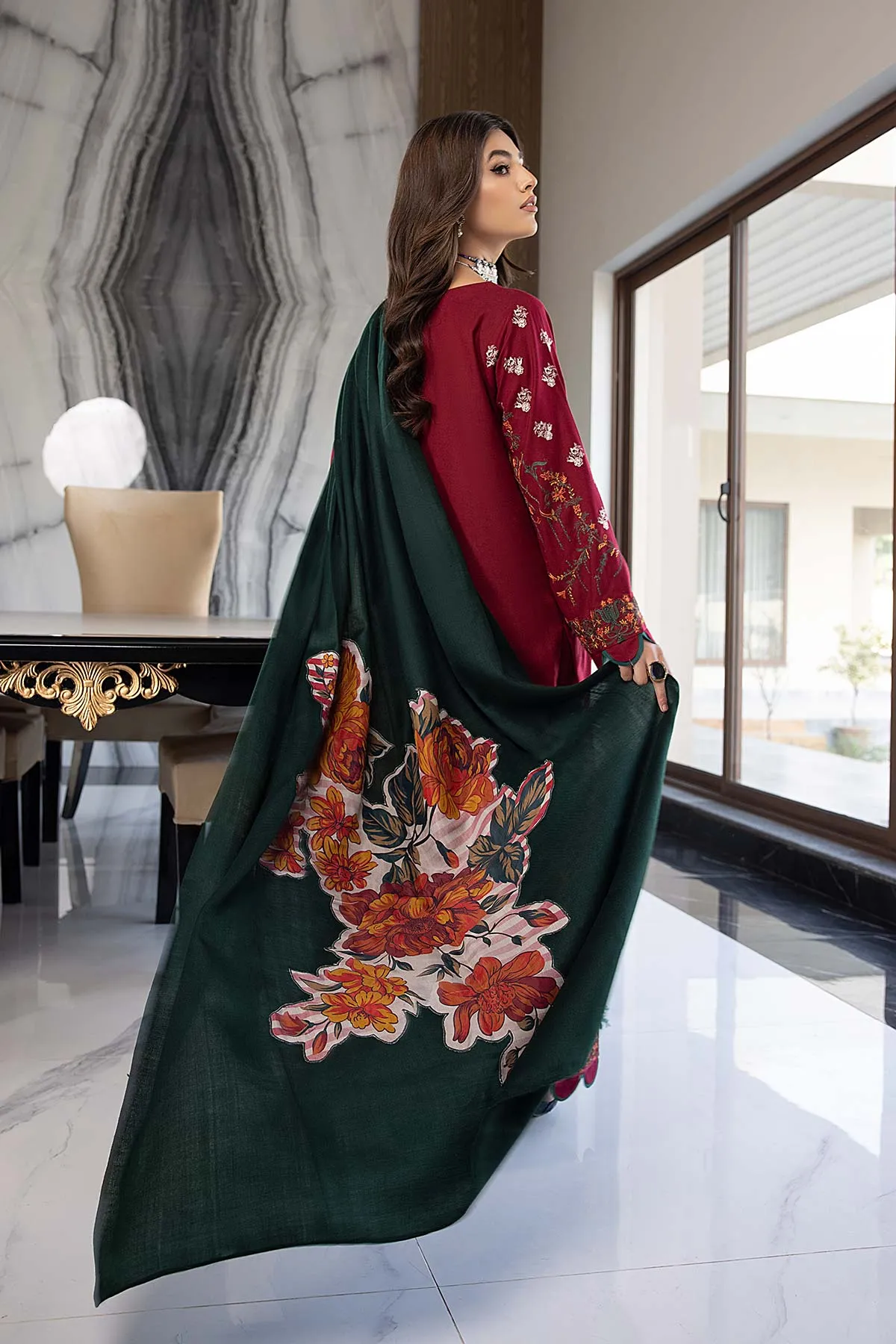 3-Piece Charizma Poshima Leather Unstitched Embellished Shawl