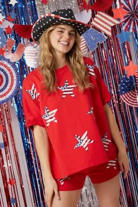 Red America Stars Sequin Top