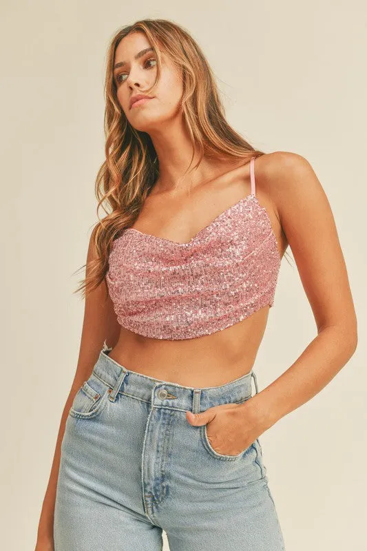 Sparkly Front Cowl Neck Open Back Crop Top