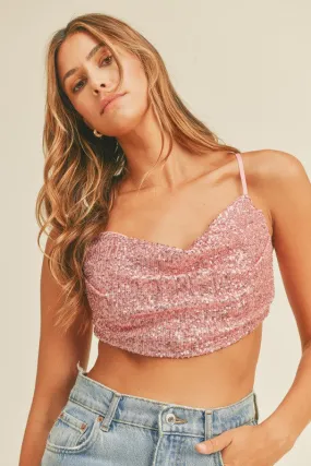 Sparkly Front Cowl Neck Open Back Crop Top